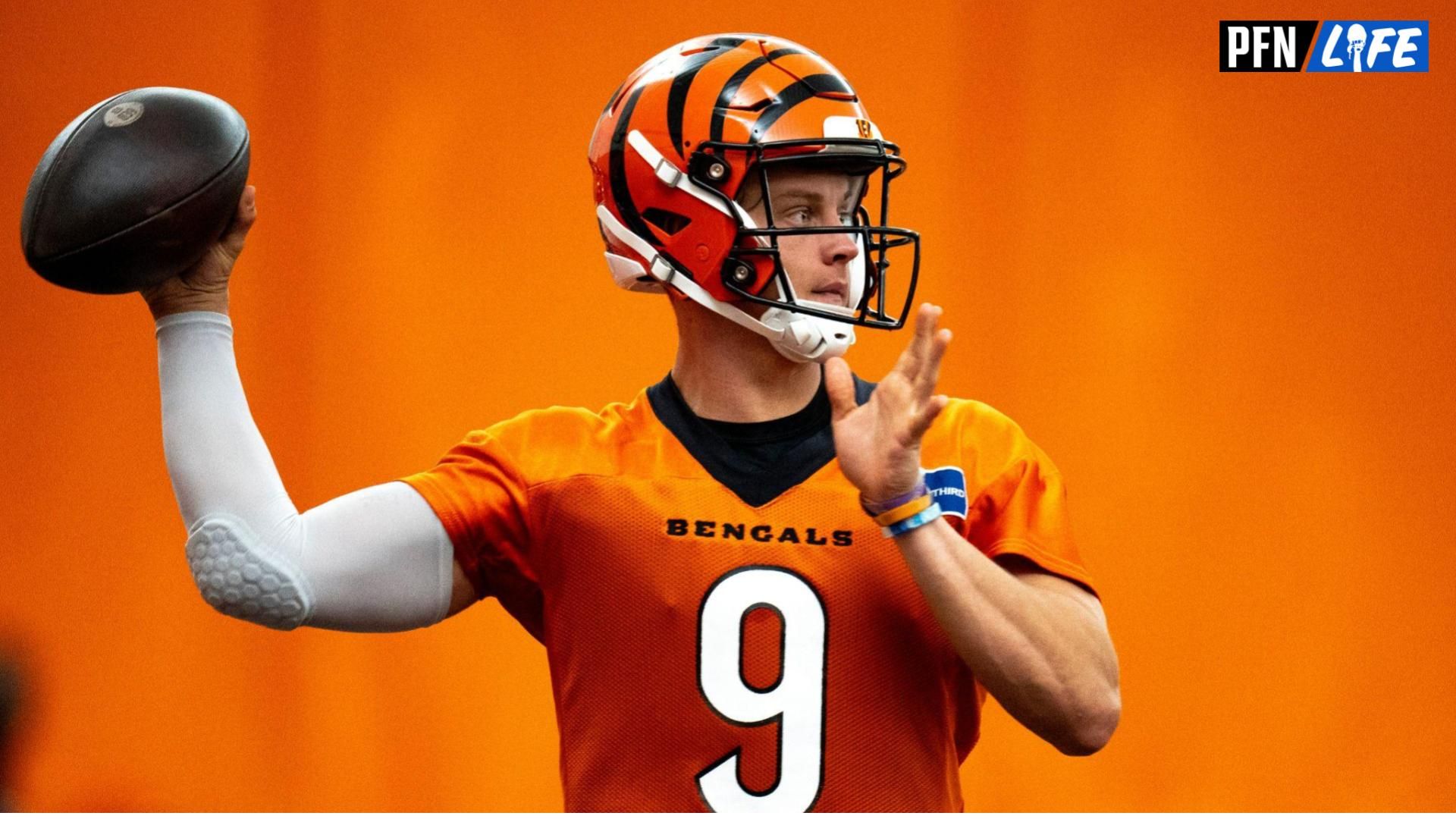 Cincinnati Bengals quarterback Joe Burrow (9) throws a pass at Bengals spring practice at the IEL Indoor Facility in Cincinnati on Tuesday, June 11, 2024.