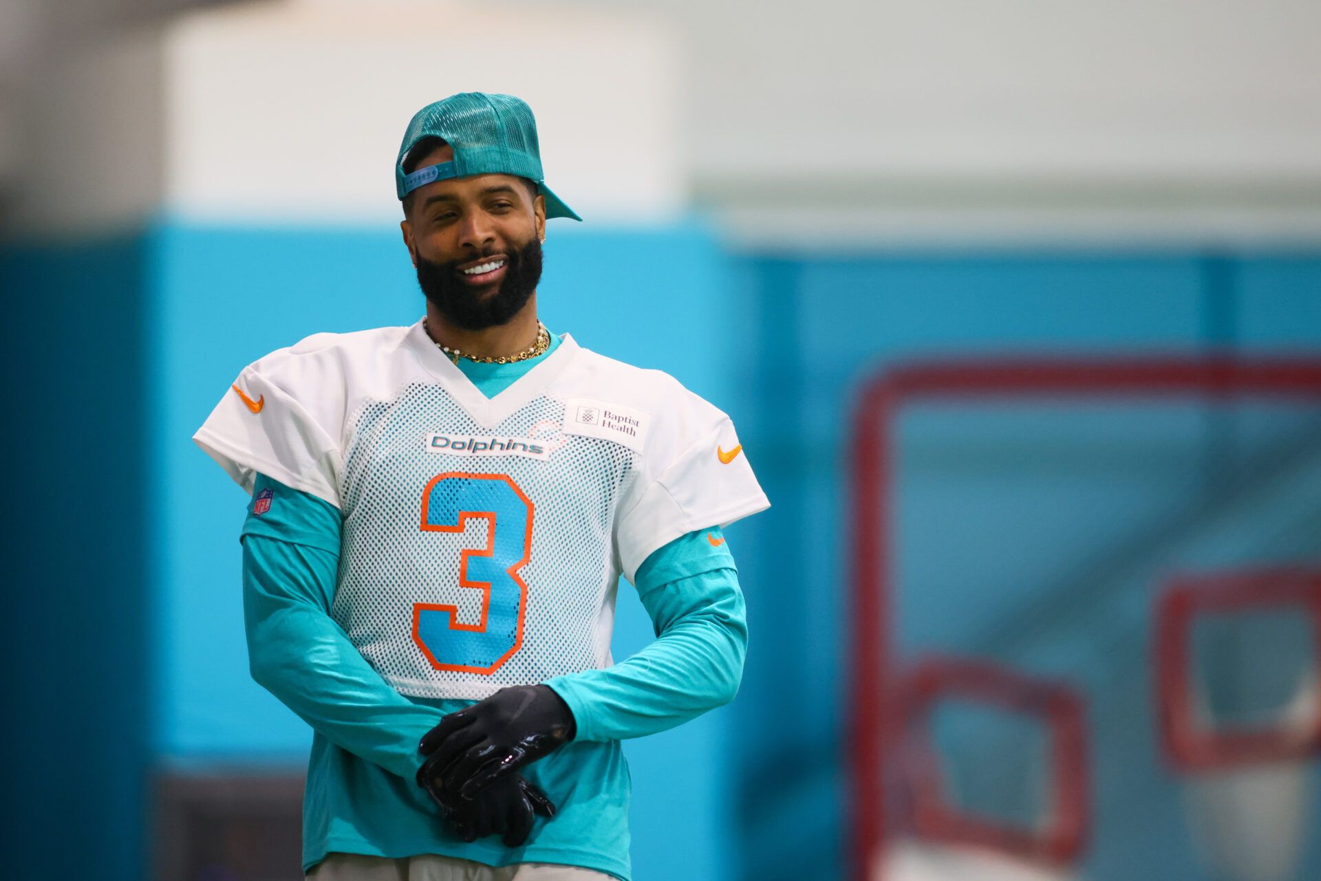 Jun 5, 2024; Miami Gardens, FL, USA; Miami Dolphins wide receiver Odell Beckham Jr. (3) looks on during mandatory minicamp at Baptist Health Training Complex. Mandatory Credit: Sam Navarro-USA TODAY Sports