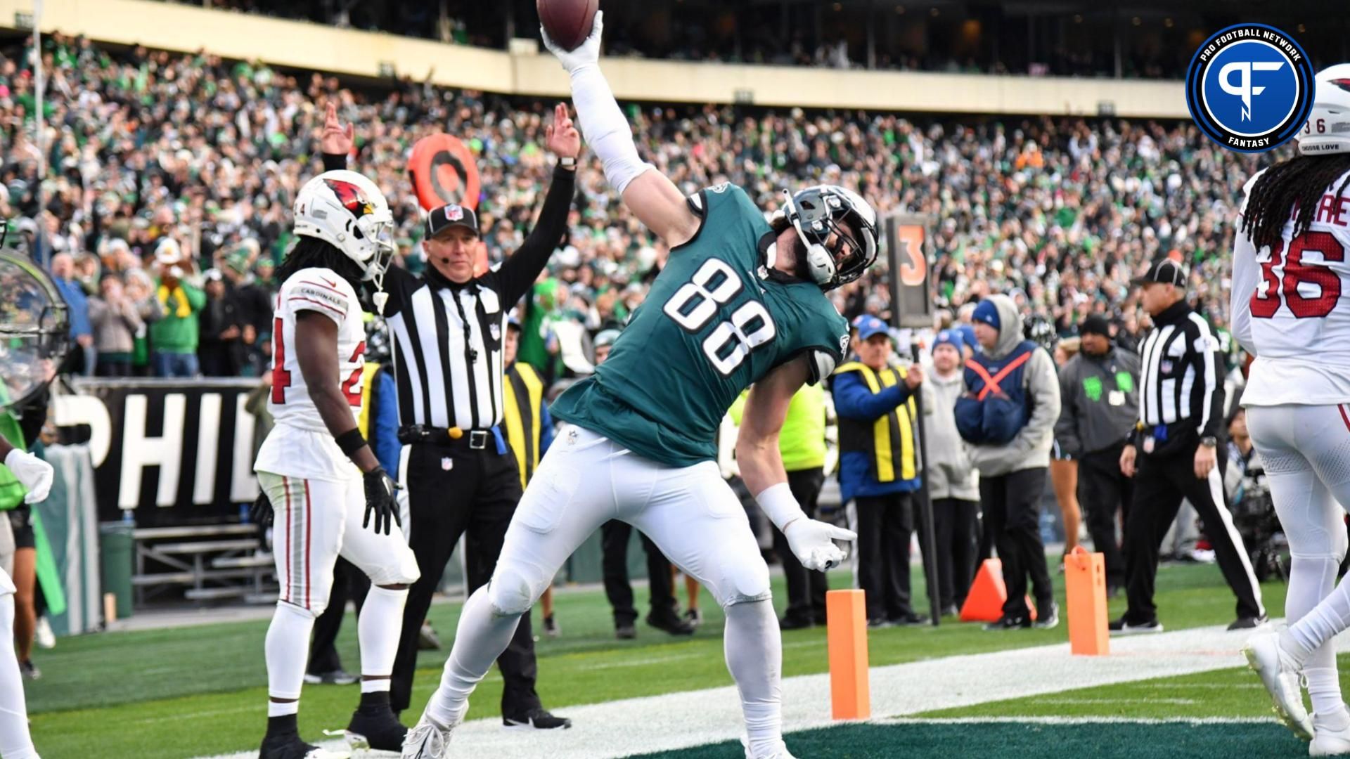 Philadelphia Eagles tight end Dallas Goedert (88) spikes the ball after his touchdown catch against the Arizona Cardinals during the fourth quarter at Lincoln Financial Field.