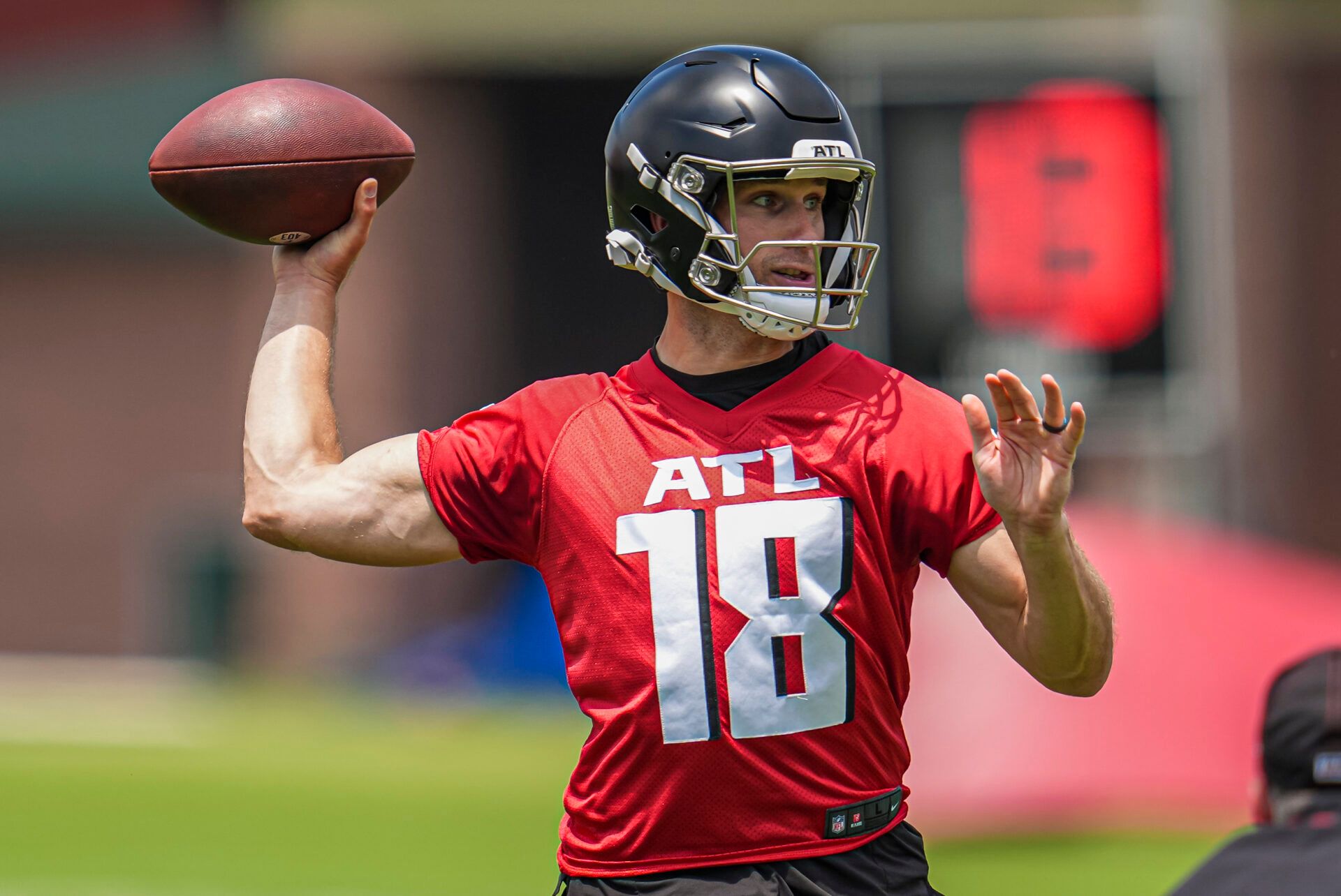 Jun 3, 2024; Atlanta, GA, USA; Atlanta Falcons quarterback Kirk Cousins (18) shown in action on the field during Falcons OTA at the Falcons Training facility. Mandatory Credit: Dale Zanine-USA TODAY Sports