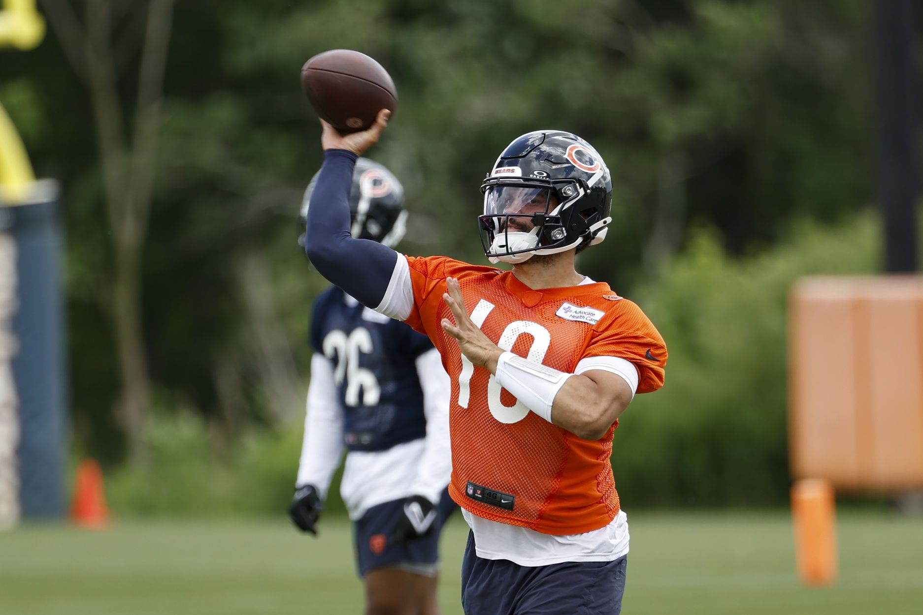 Chicago Bears quarterback Caleb Williams (18) passes the ball during the team's minicamp at Halas Hall. The Beats have an easy NFL strength of schedule for 2024. Mandatory Credit: Kamil Krzaczynski-USA TODAY Sports