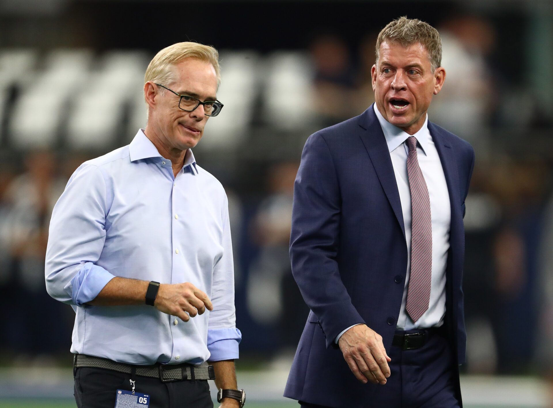 Joe Buck and Troy Aikman on the field prior to the game with the Dallas Cowboys playing against the Green Bay Packers at AT&T Stadium. Buck and Aikman are one of the top NFL broadcasting crews. Mandatory Credit: Matthew Emmons-USA TODAY Sports