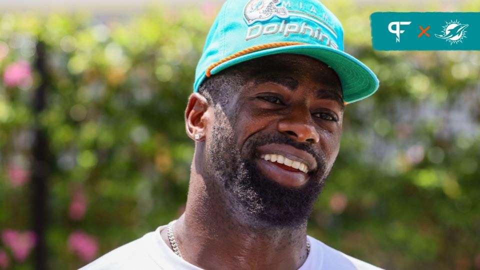 Miami Dolphins safety Marcus Maye (46) talks to reporters during training camp at Baptist Health Training Complex.