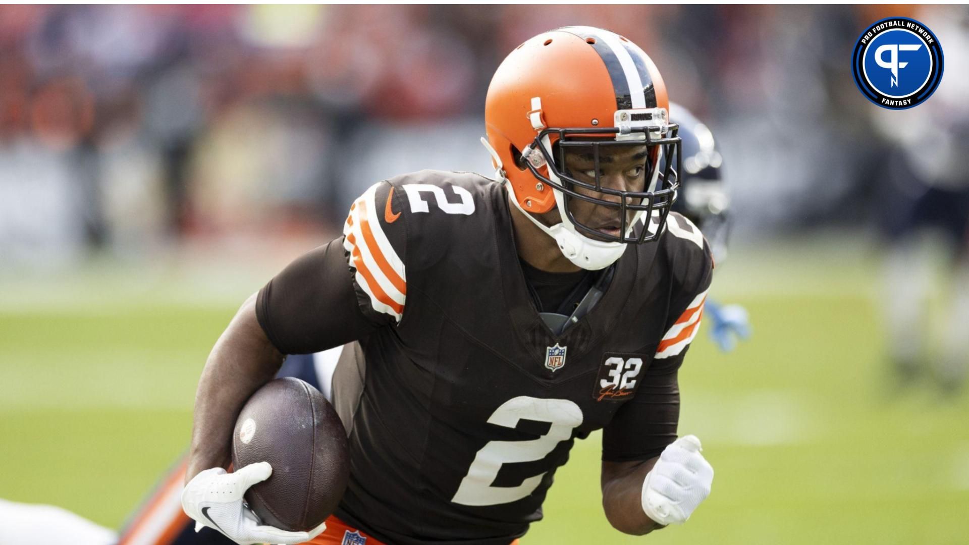 Cleveland Browns wide receiver Amari Cooper (2) runs the ball along the sideline for a touchdown against the Chicago Bears during the fourth quarter at Cleveland Browns Stadium. Mandatory Credit: Scott Galvin-USA TODAY Sports