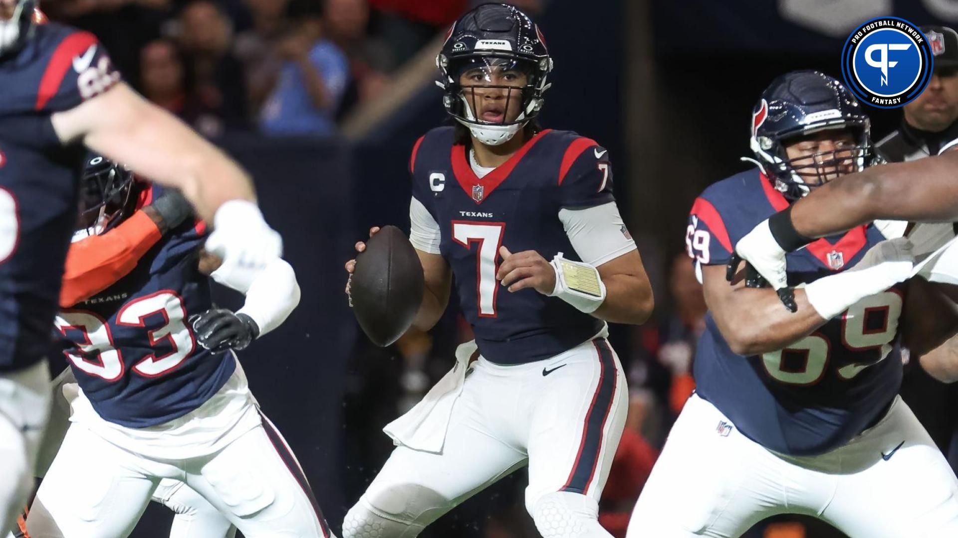 Houston Texans quarterback C.J. Stroud (7) in a 2024 AFC wild card game against the Cleveland Browns at NRG Stadium. Where does he land in our dynasty mock draft?