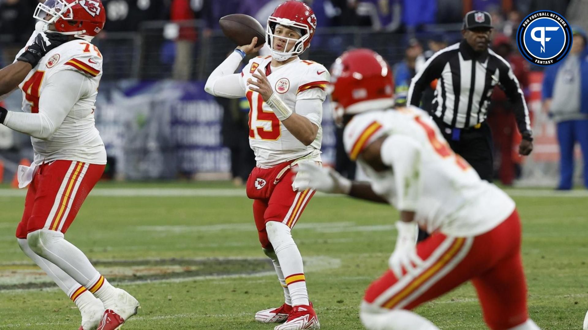 Kansas City Chiefs quarterback Patrick Mahomes (15) throws the ball against the Baltimore Ravens during the second half in the AFC Championship football game at M&T Bank Stadium.