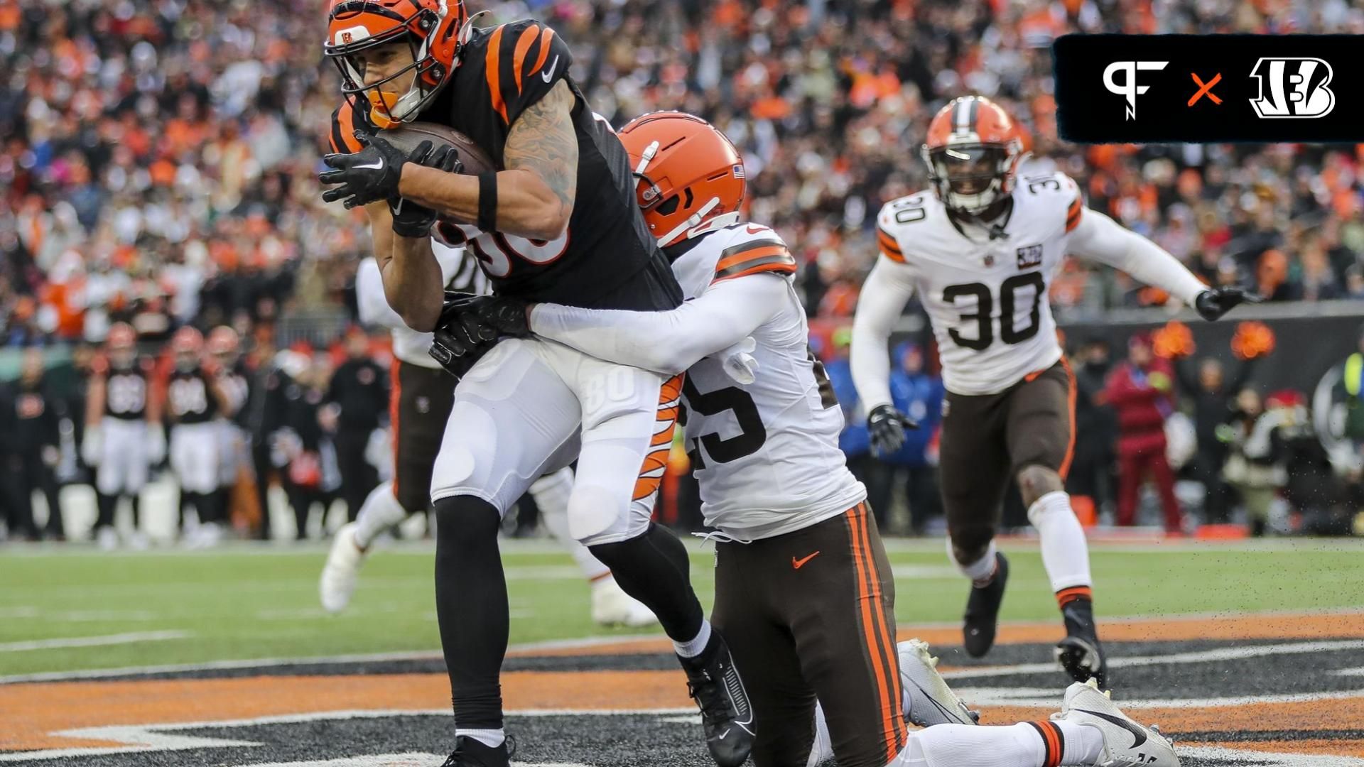 Cincinnati Bengals wide receiver Andrei Iosivas (80) scores a touchdown against Cleveland Browns cornerback Kahlef Hailassie (25) in the second half at Paycor Stadium.