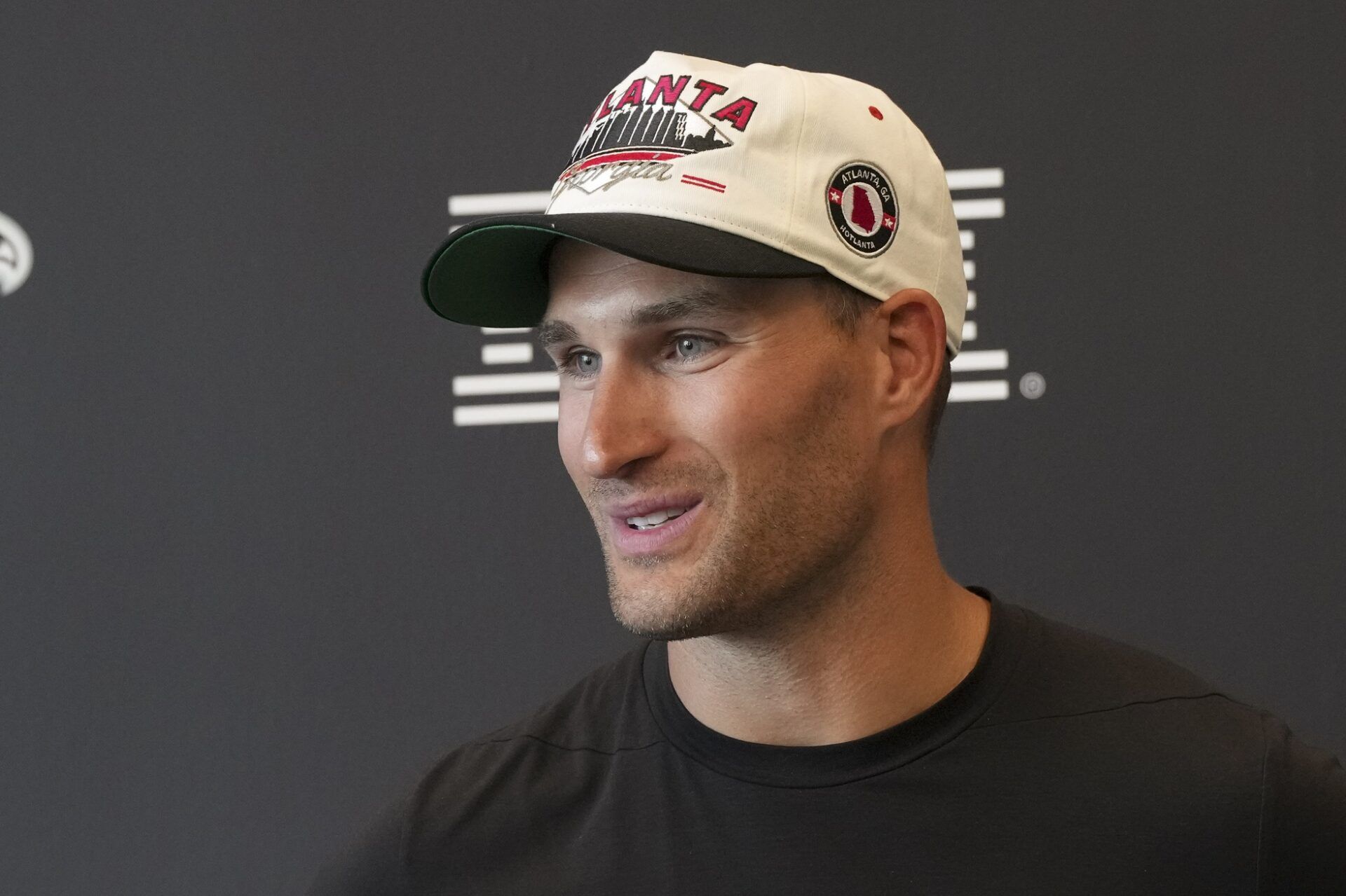 Atlanta Falcons QB Kirk Cousins talks to the media on the first day of training camp.