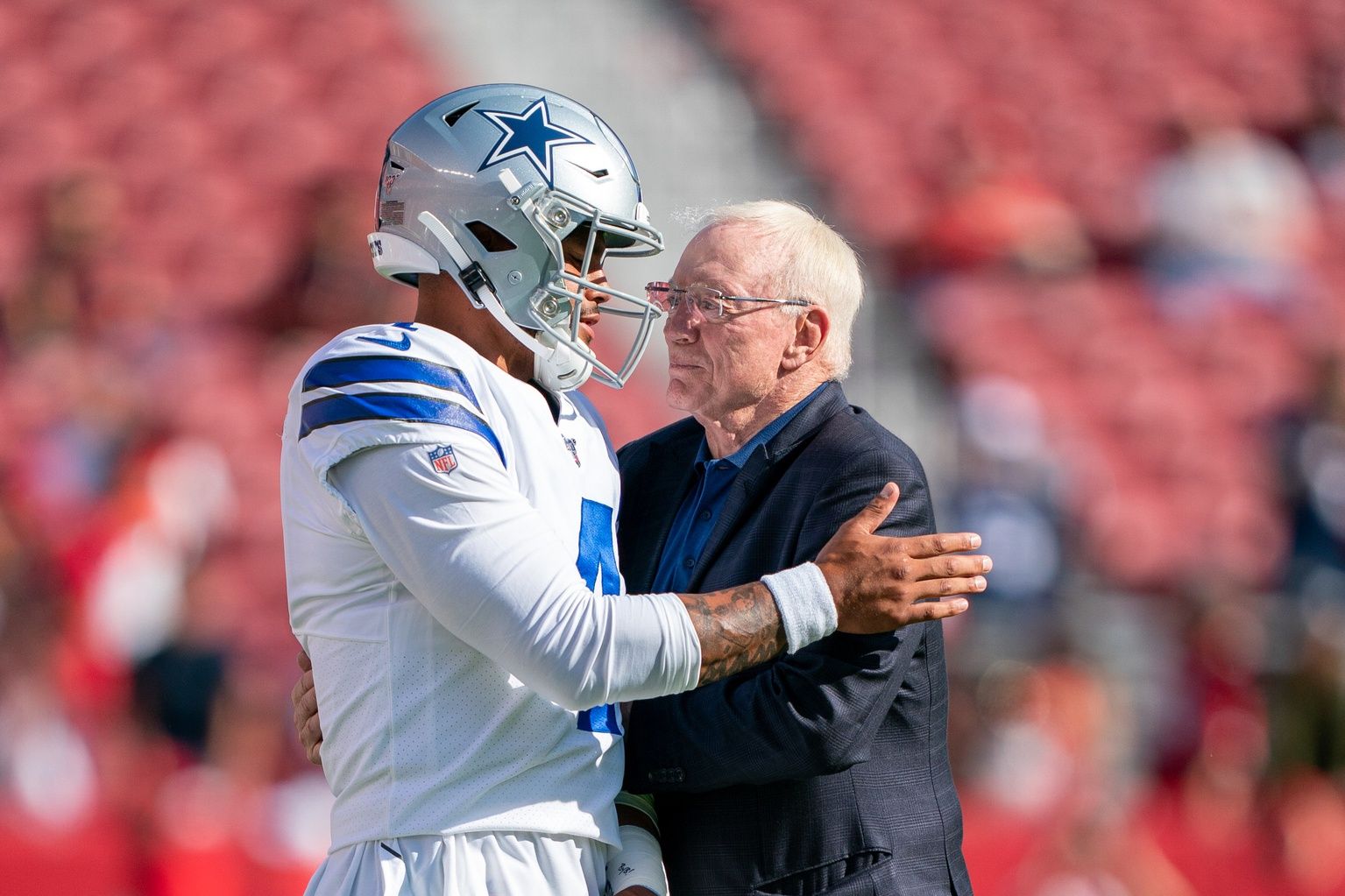 Dallas Cowboys quarterback Dak Prescott (4) and owner Jerry Jones (right) before the game against the San Francisco 49ers at Levi's Stadium. Mandatory Credit: Kyle Terada-USA TODAY Sports