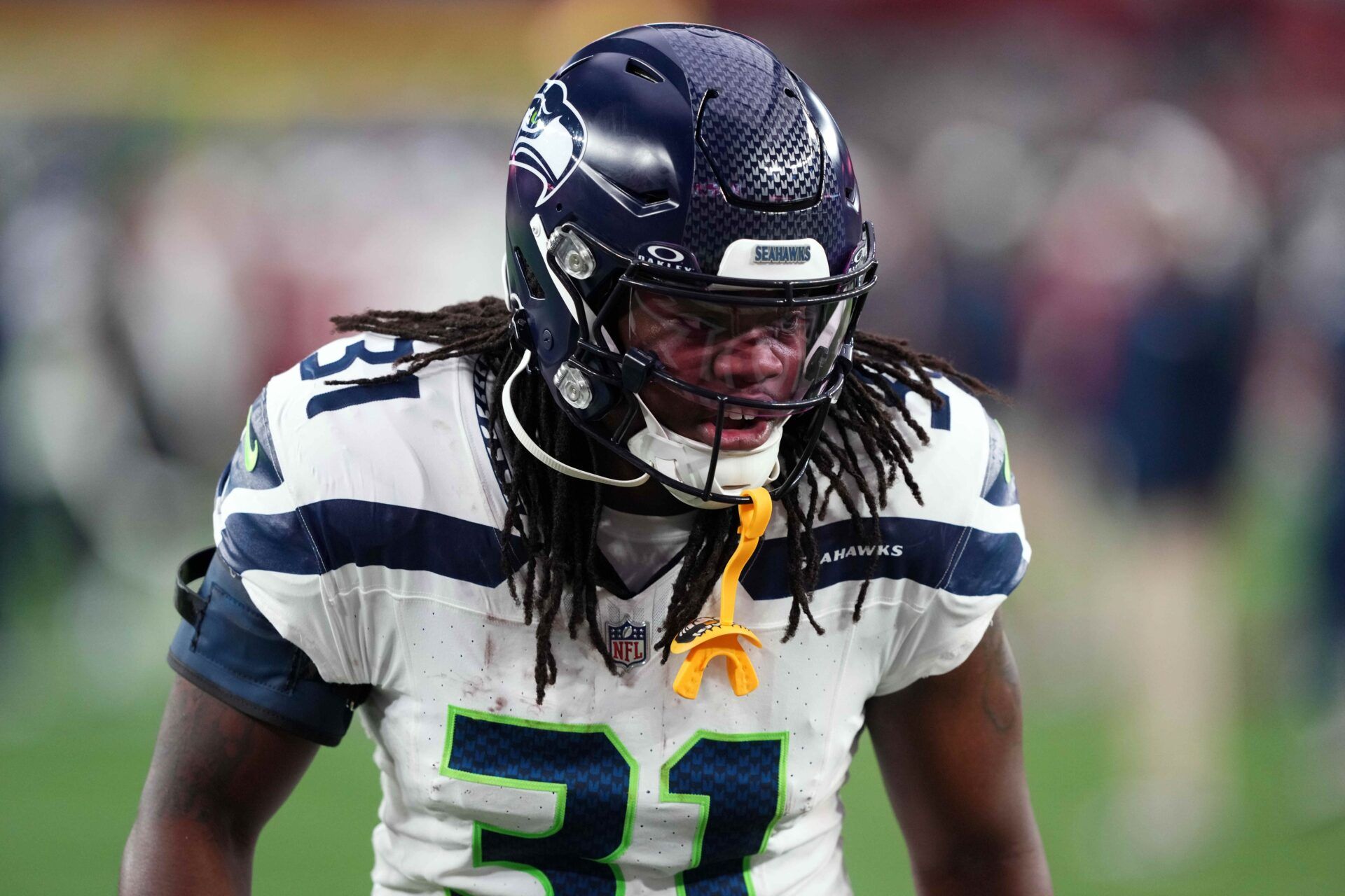 Seattle Seahawks running back DeeJay Dallas (31) warms up prior to facing the Arizona Cardinals at State Farm Stadium.