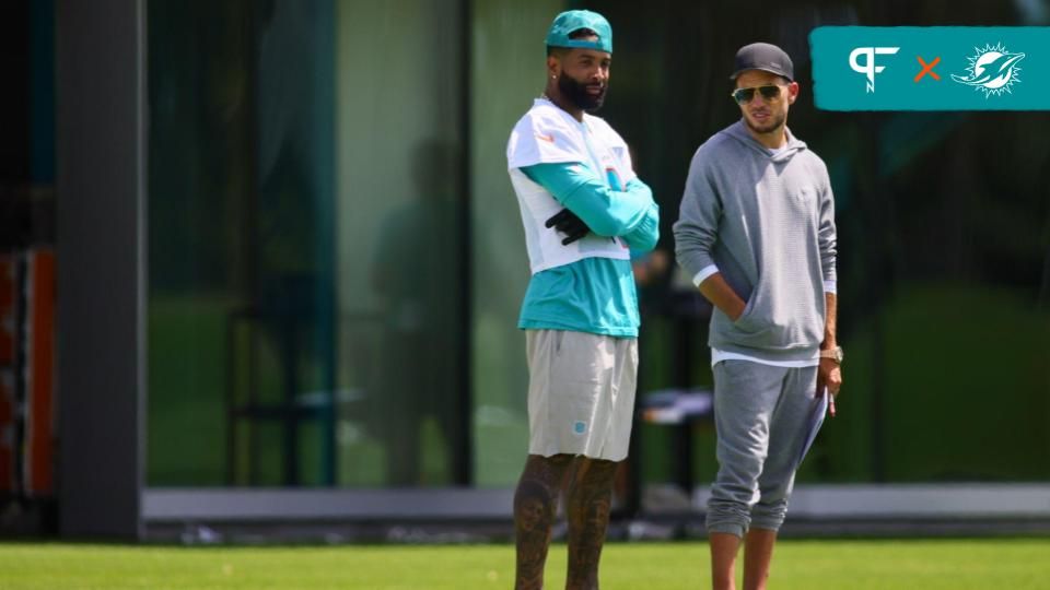 Miami Dolphins wide receiver Odell Beckham Jr. (3) and head coach Mike McDaniel look on during mandatory minicamp at Baptist Health Training Complex.