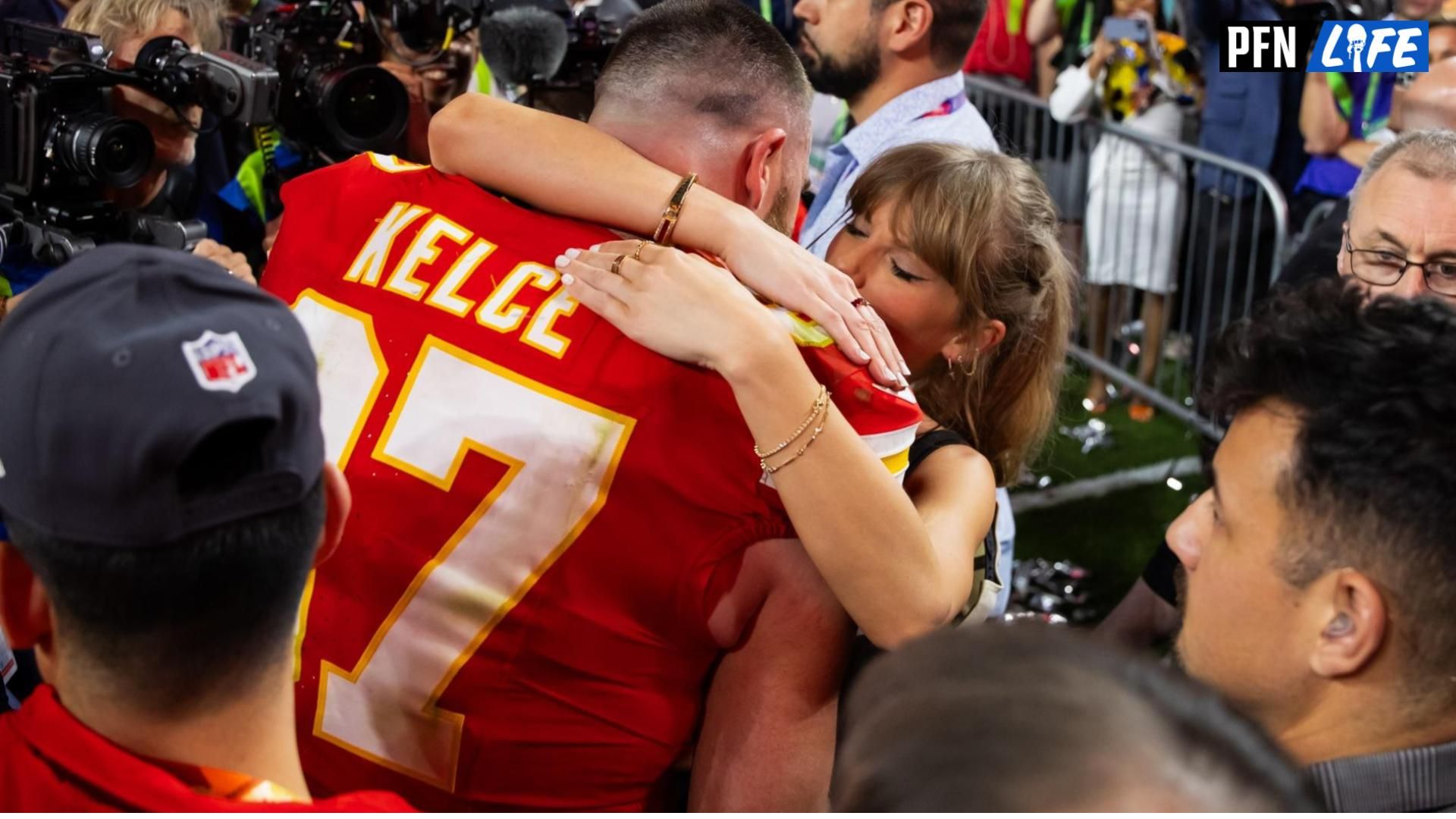 Engagement rumors are circling between Kansas City Chiefs TE Travis Kelce (87) and Taylor Swift.