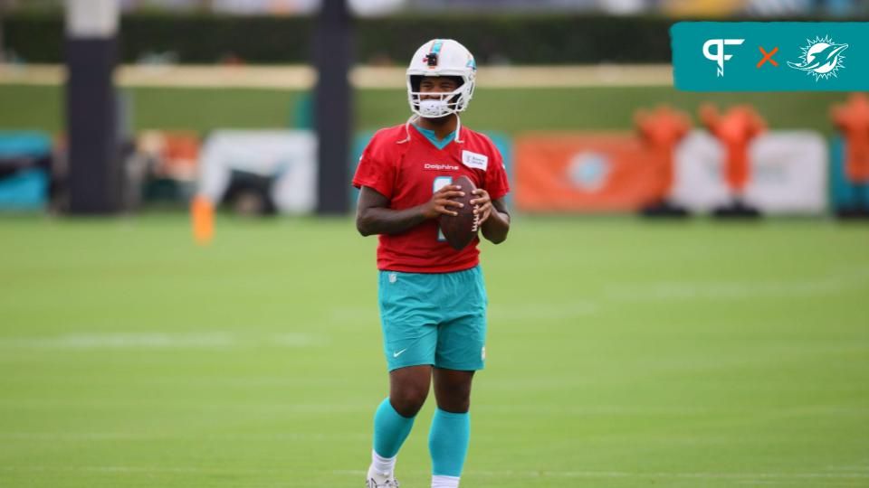 Miami Dolphins quarterback Tua Tagovailoa (1) holds the football during training camp at Baptist Health Training Complex. Mandatory Credit: Sam Navarro-USA TODAY Sports