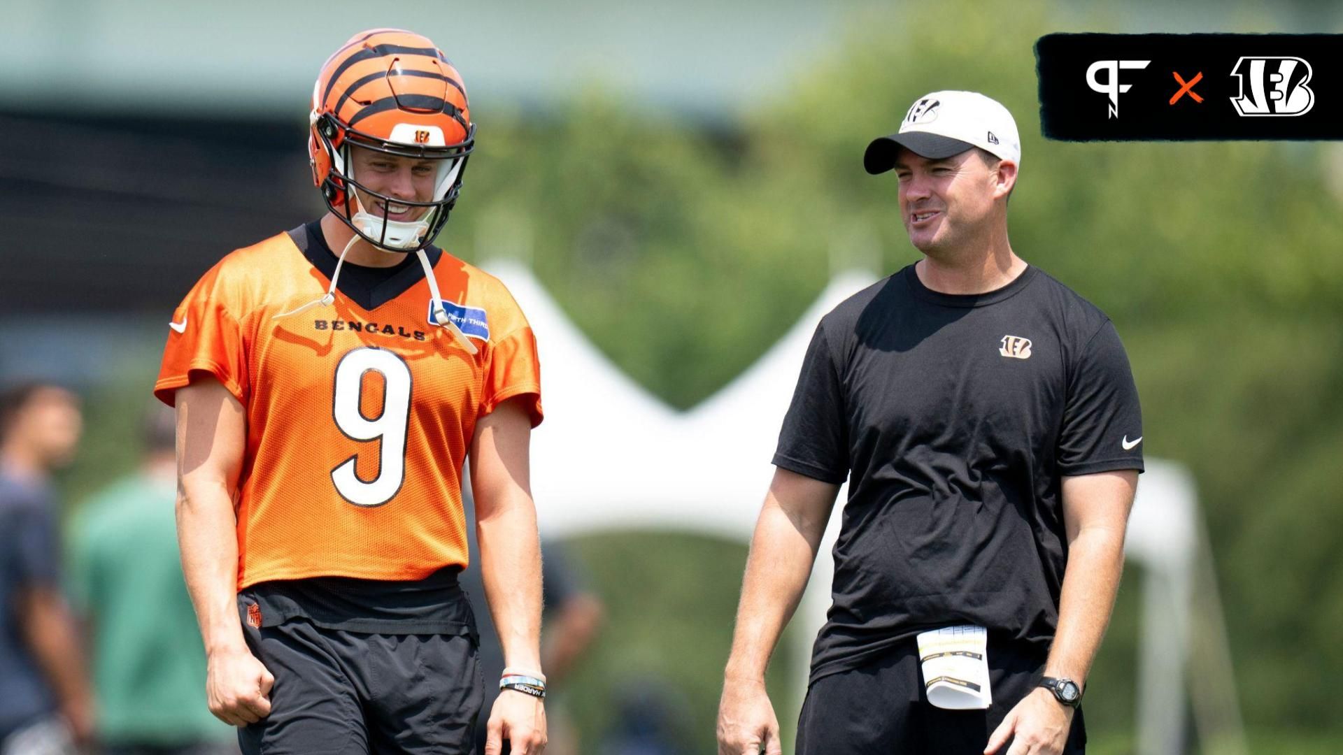 Cincinnati Bengals quarterback Joe Burrow (9) talks with Cincinnati Bengals head coach Zac Taylor during Cincinnati Bengals training camp in Cincinnati on Friday, July 26, 2024.