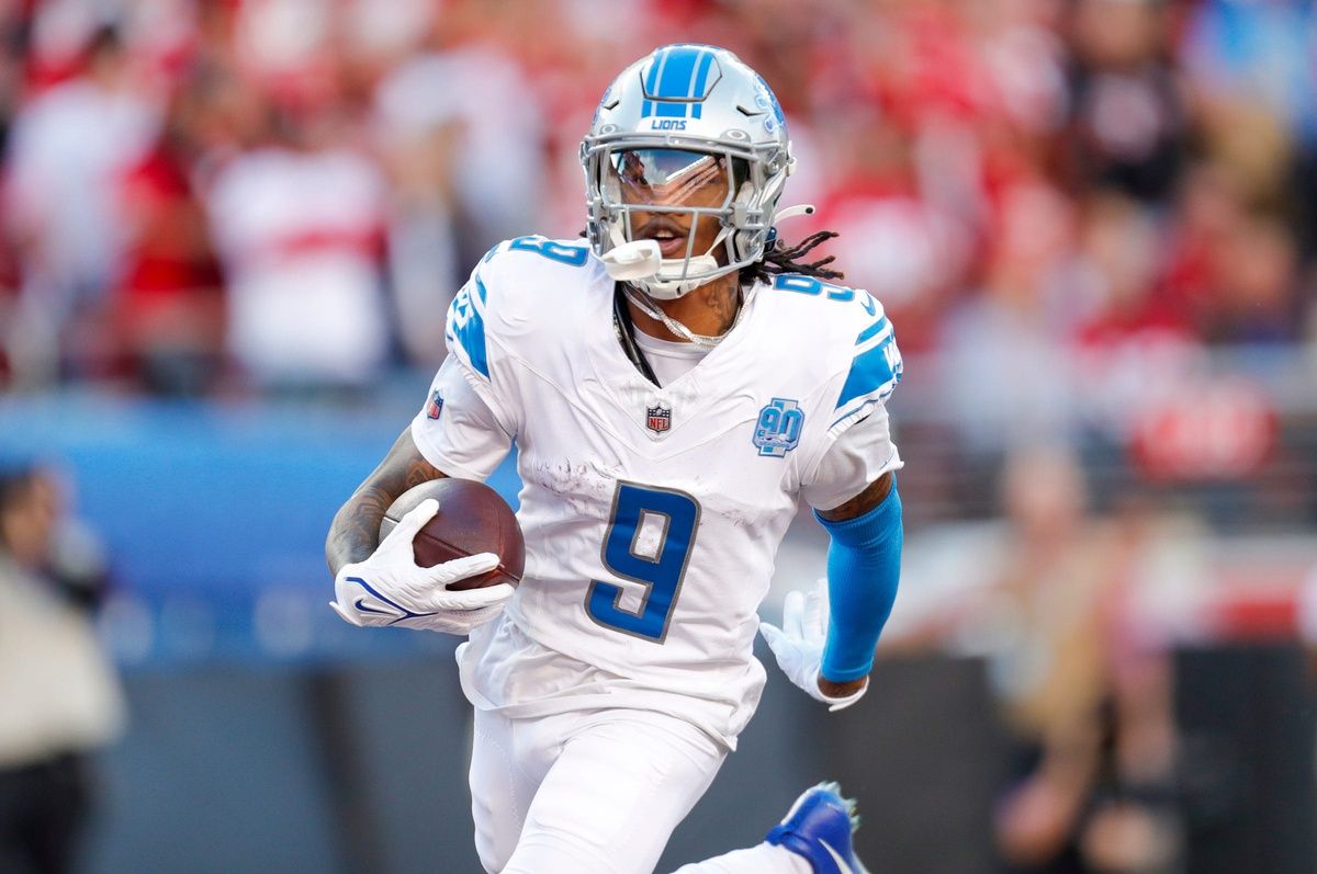 Lions wide receiver Jameson Williams runs the ball in for a touchdown in the first quarter of the NFC championship game at Levi's Stadium in Santa Clara, California, on Sunday, Jan. 28, 2024.