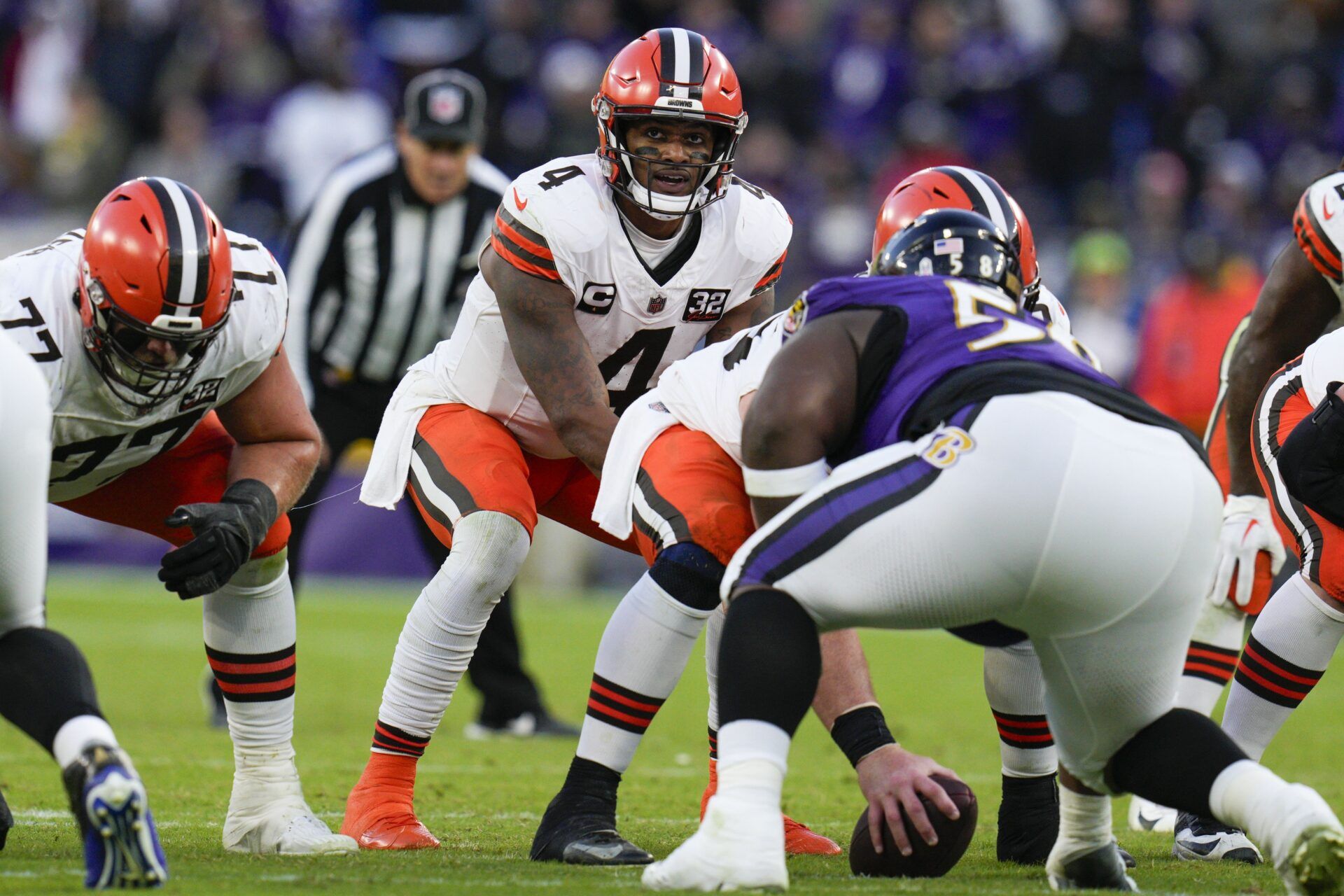 Cleveland Browns quarterback Deshaun Watson (4) calls out to teammates before the snap against the Baltimore Ravens during the second half at M&T Bank Stadium. Watson is one of many NFL players who could use a change of scenery. Mandatory Credit: Jessica Rapfogel-USA TODAY Sports