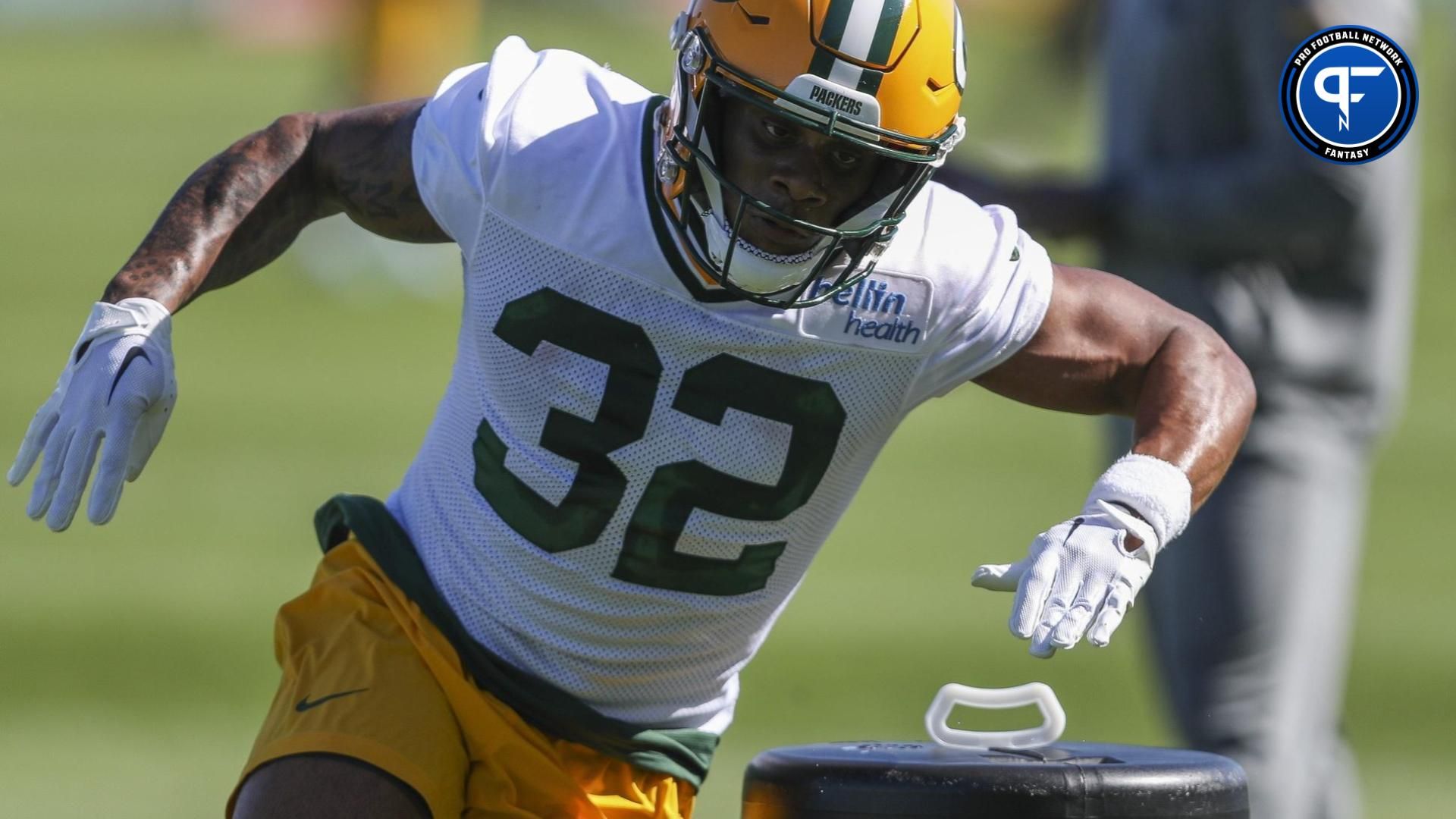 Green Bay Packers RB MarShawn Lloyd (32) runs drills during the team's minicamp.