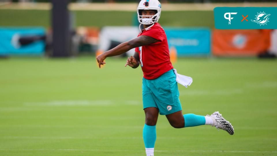 Miami Dolphins quarterback Tua Tagovailoa (1) throws the football during training camp at Baptist Health Training Complex.