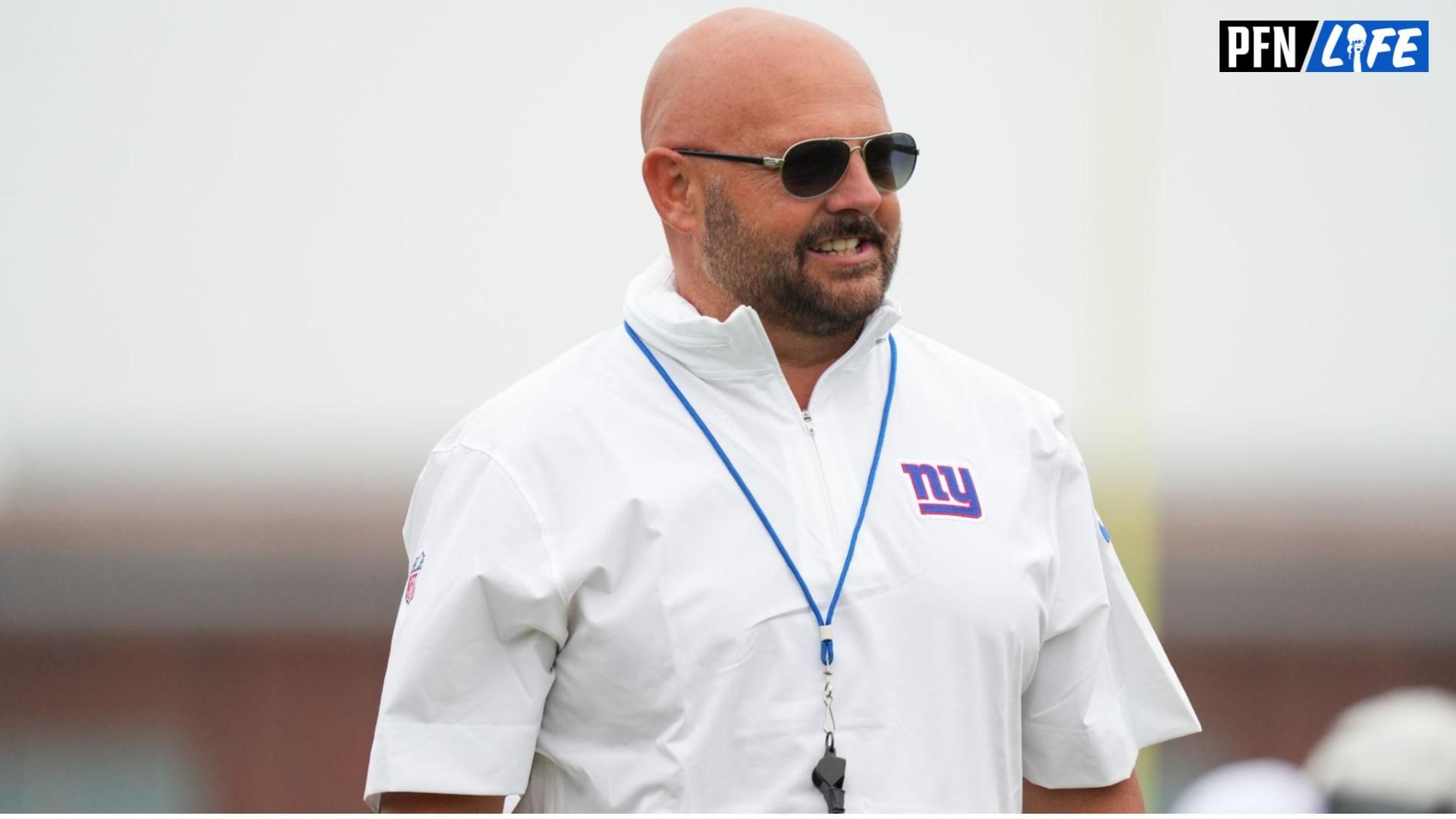 New York Giants head coach Brian Daboll directs players during training camp at Quest Diagnostics Training Center.