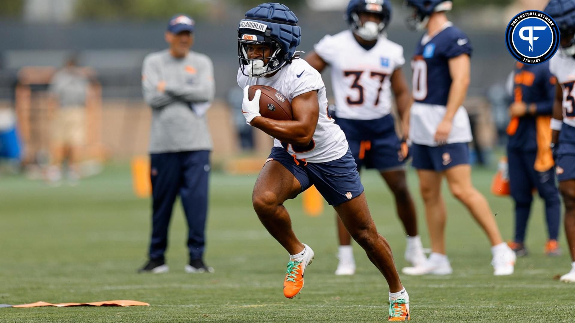 Denver Broncos running back Jaleel McLaughlin (38) during training camp at Broncos Park Powered by CommonSpirit.