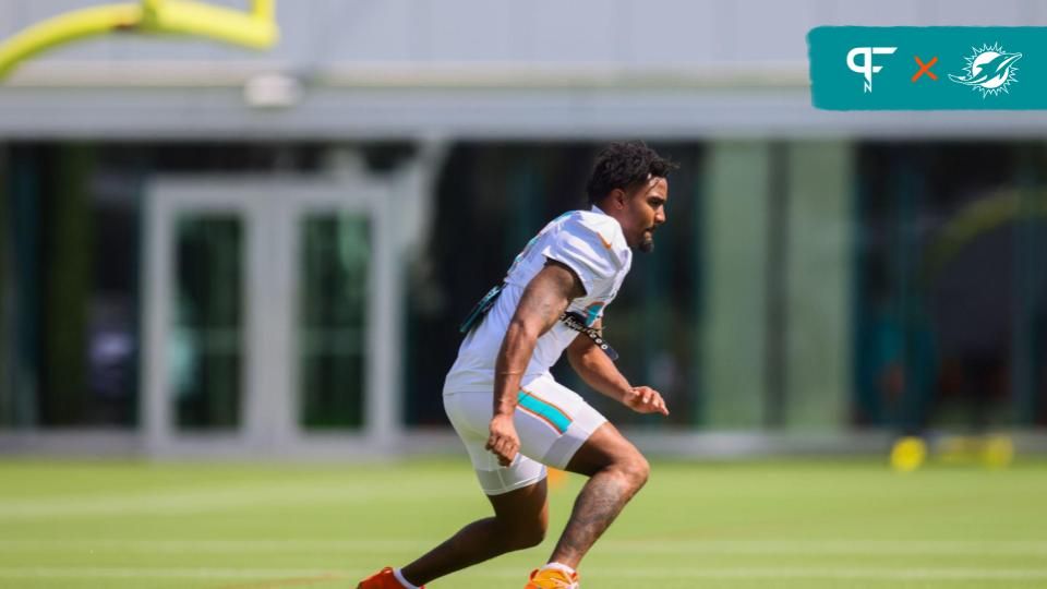 Miami Dolphins wide receiver Jaylen Waddle (17) runs on the field during training camp at Baptist Health Training Complex.