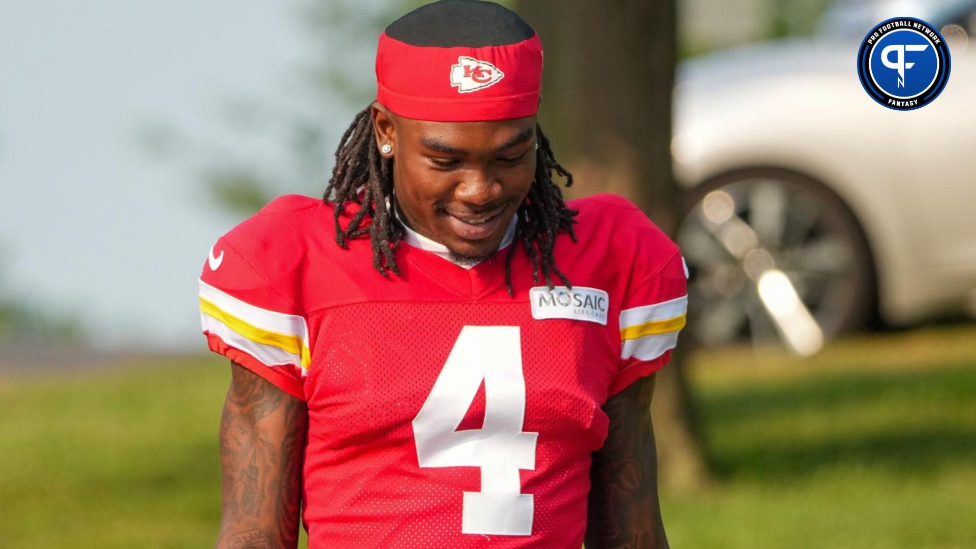 Kansas City Chiefs wide receiver Rashee Rice (4) walks down the hill from the locker room to the fields prior to training camp at Missouri Western State University.