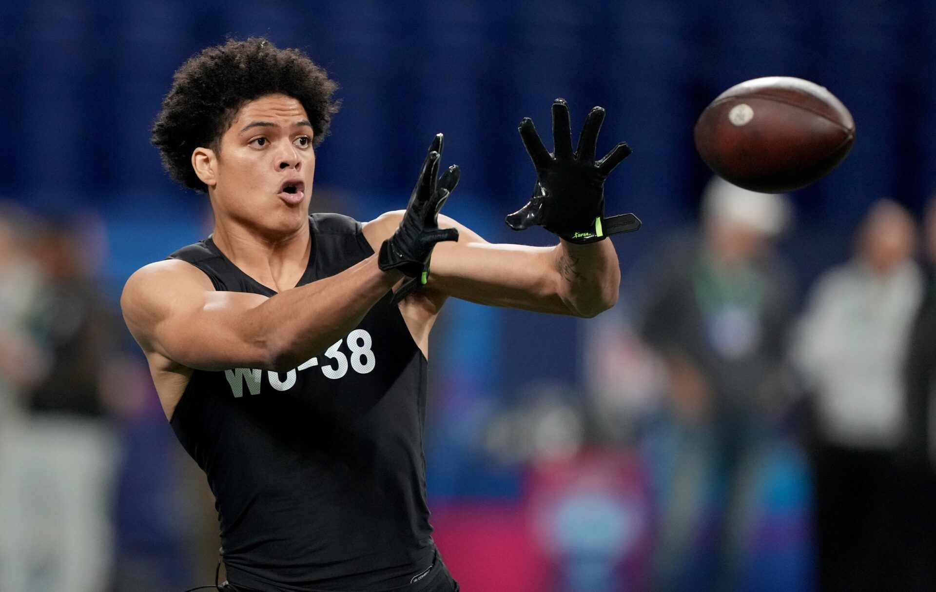 Philadelphia Eagles and former Florida State wide receiver Johnny Wilson (WO38) during the 2024 NFL Combine at Lucas Oil Stadium.