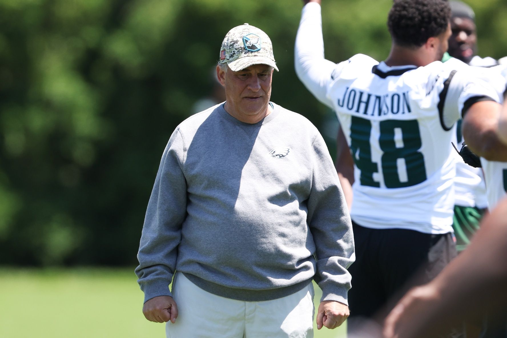 Philadelphia Eagles defensive coordinator Vic Fangio looks on during NFL training camp practice.