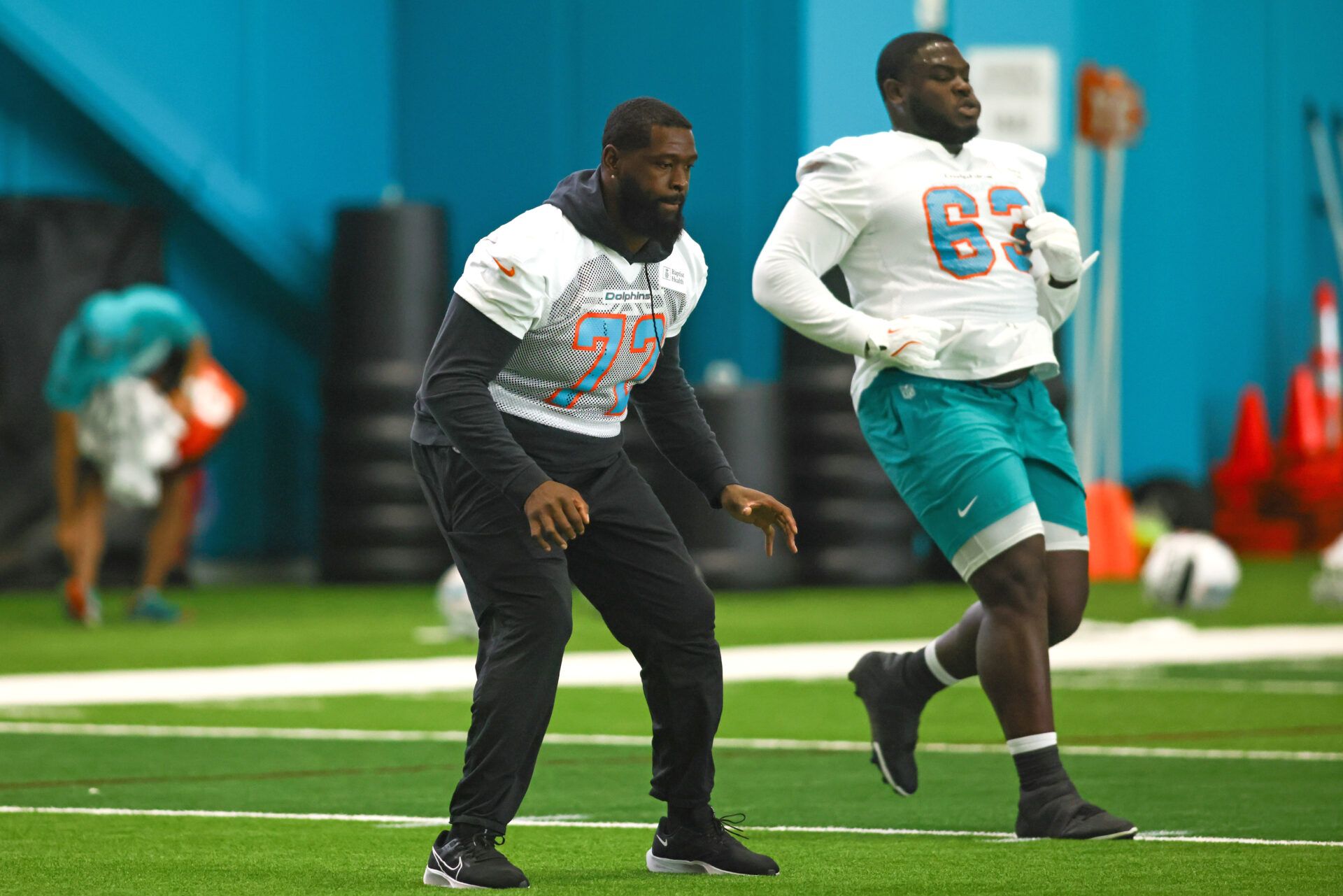 Jun 4, 2024; Miami Gardens, FL, USA; Miami Dolphins offensive tackle Terron Armstead (72) works out during mandatory minicamp at Baptist Health Training Complex. Mandatory Credit: Sam Navarro-USA TODAY Sports