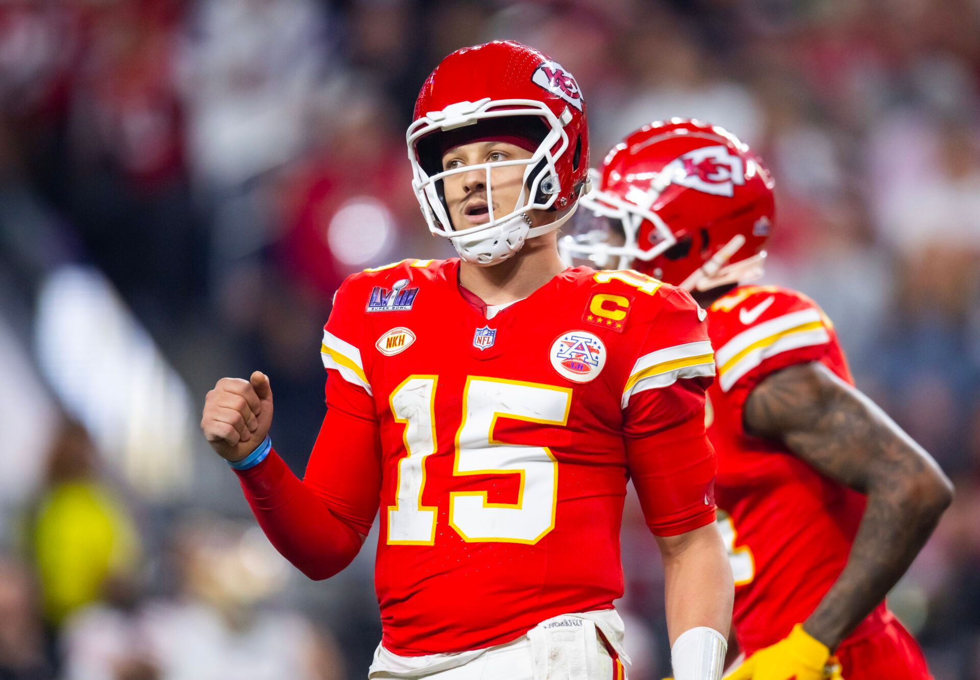 Feb 11, 2024; Paradise, Nevada, USA; Kansas City Chiefs quarterback Patrick Mahomes (15) celebrates a play against the San Francisco 49ers during Super Bowl LVIII at Allegiant Stadium. Mandatory Credit: Mark J. Rebilas-USA TODAY Sports