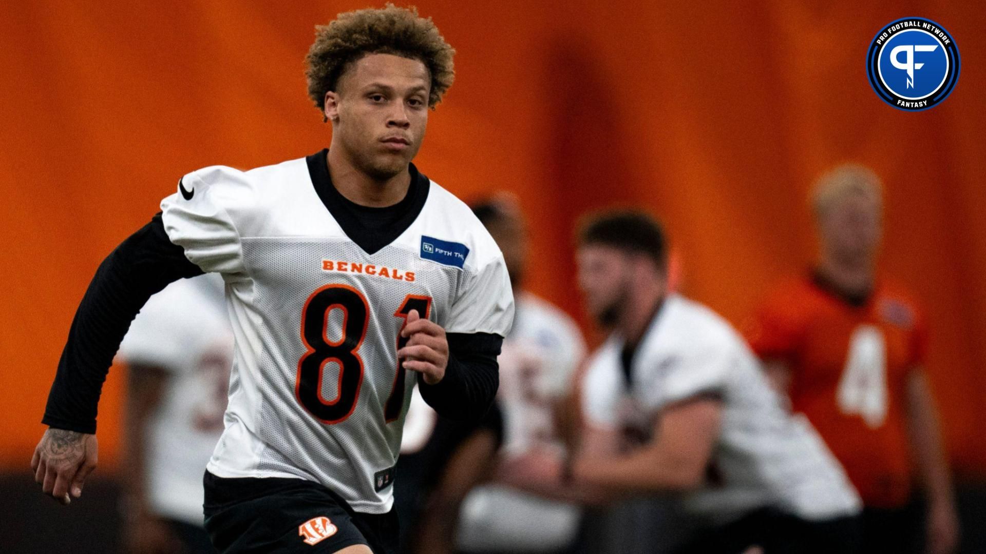 Cincinnati Bengals wide receiver Jermaine Burton (81) runs a route at Bengals spring practice at the IEL Indoor Facility in Cincinnati on Wednesday, June 12, 2024.