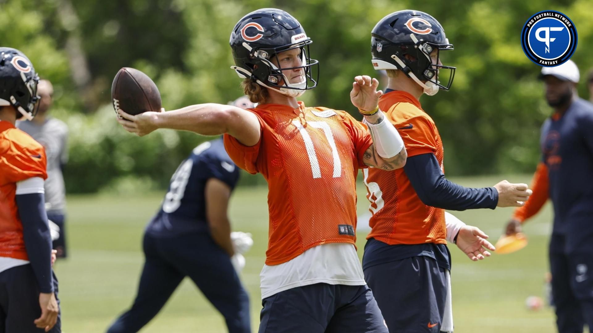 Chicago Bears quarterback Tyson Bagent (17) throws the ball during the team's minicamp at Halas Hall. Where does he land in our Hall of Fame Game DFS picks?