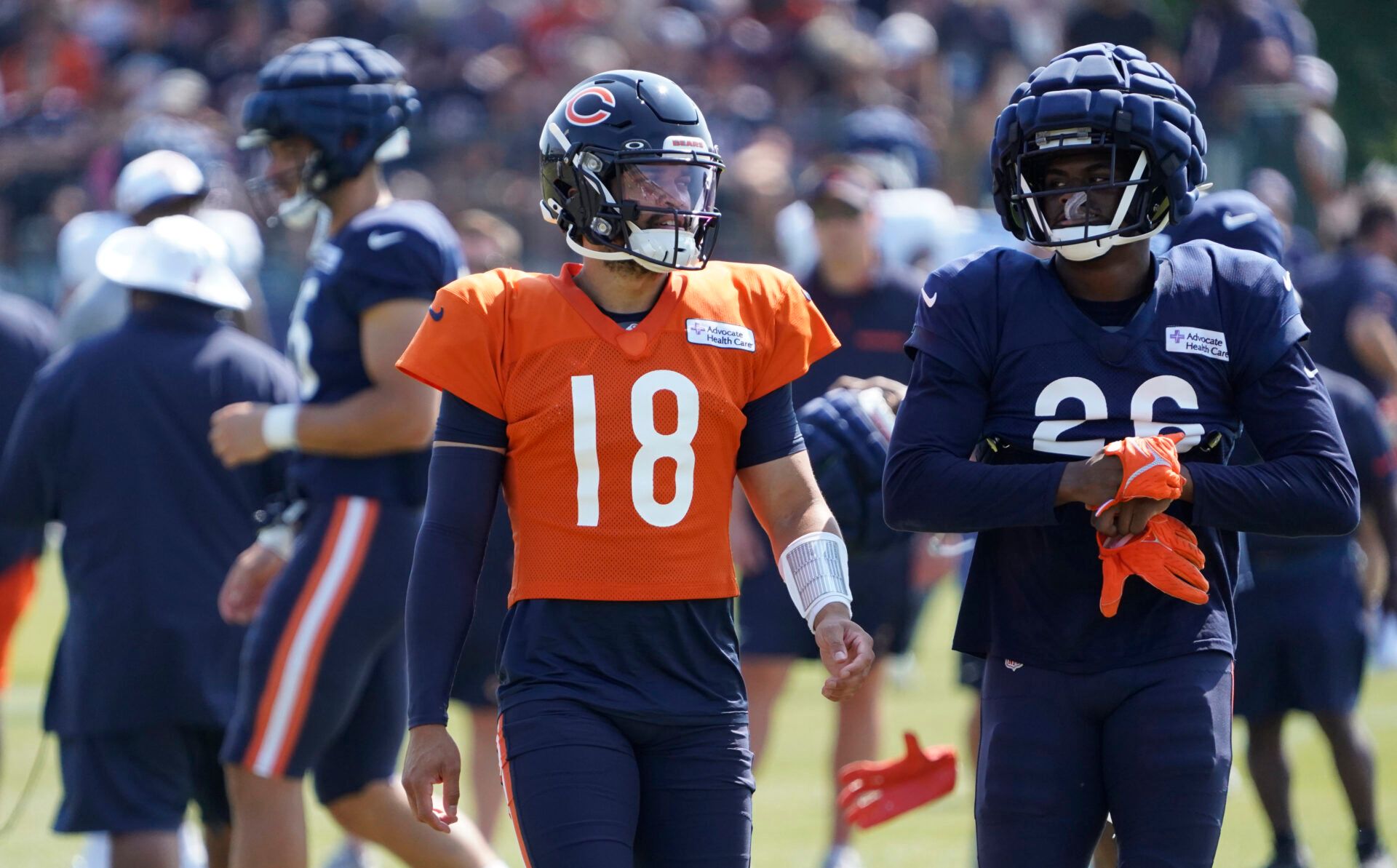 Jul 27, 2024; Lake Forest, IL, USA; Chicago Bears quarterback Caleb Williams (18) during Chicago Bears Training Camp at Halas Hall. Mandatory Credit: David Banks-USA TODAY Sports