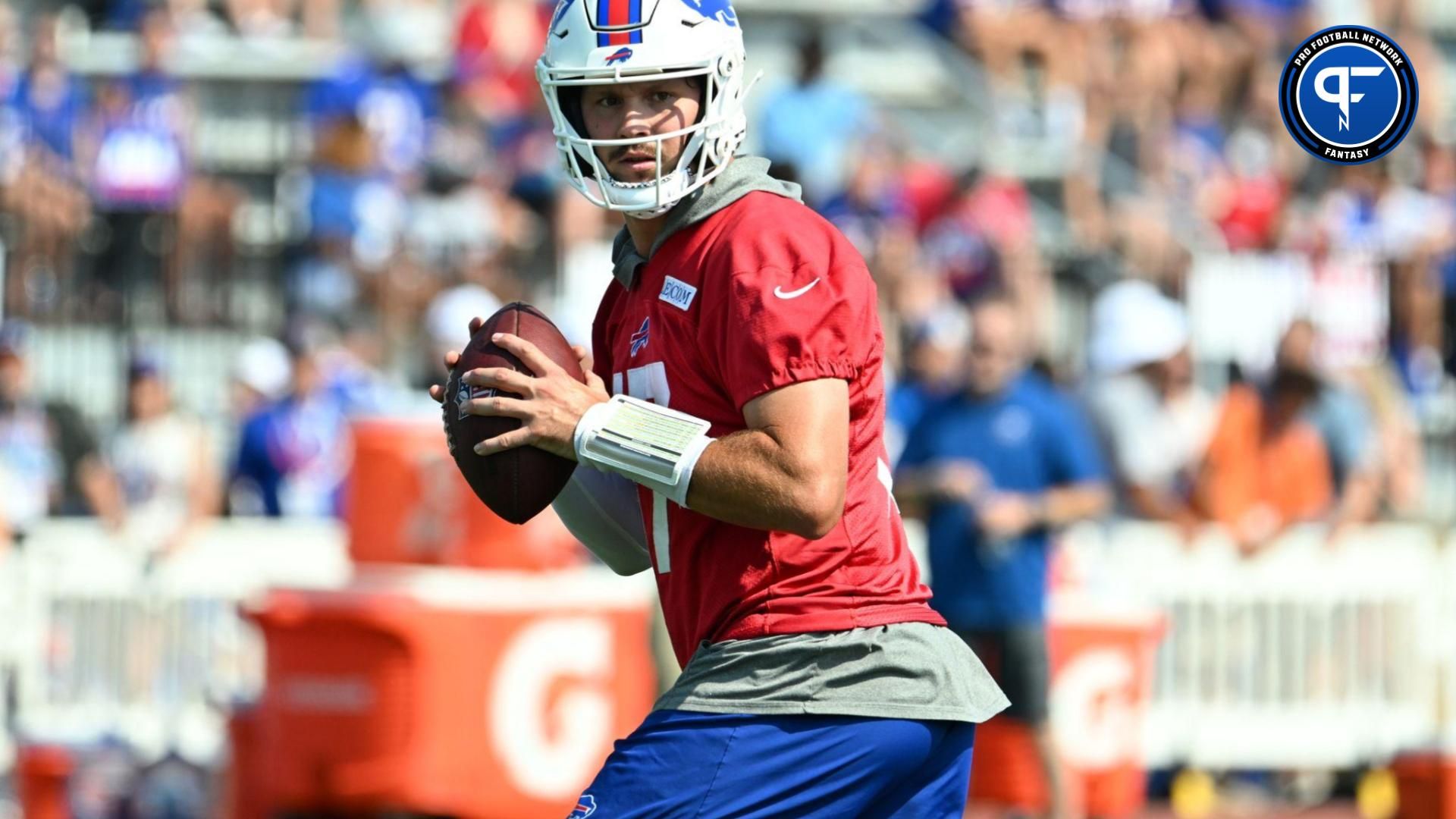 Buffalo Bills QB Josh Allen (17) is a top quarterback option in 2024 fantasy rankings.