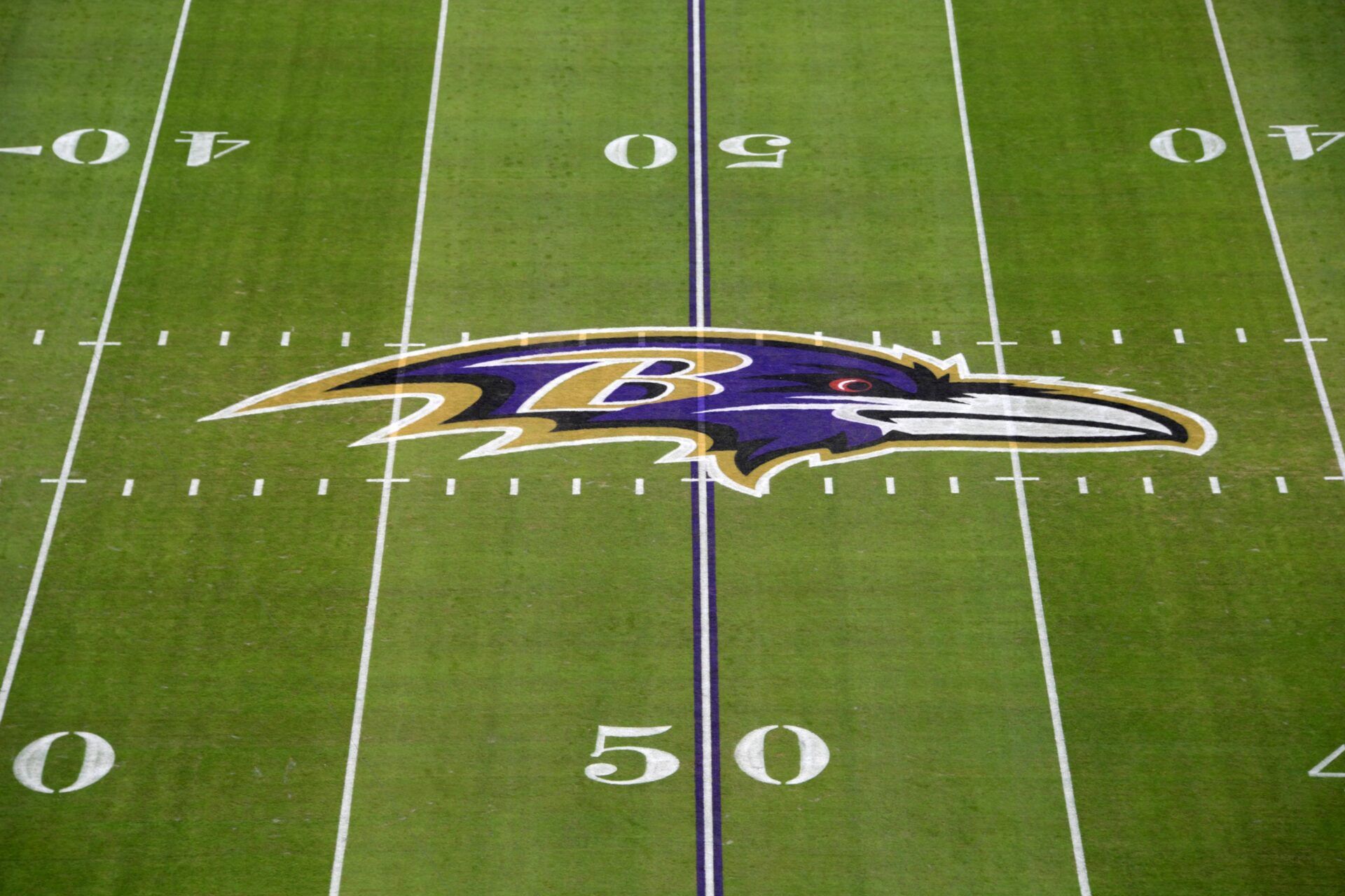 Detailed view of the Baltimore Ravens logo at midfield during an AFC Wild Card playoff football game against the Los Angeles Chargers at M&T Bank Stadium.