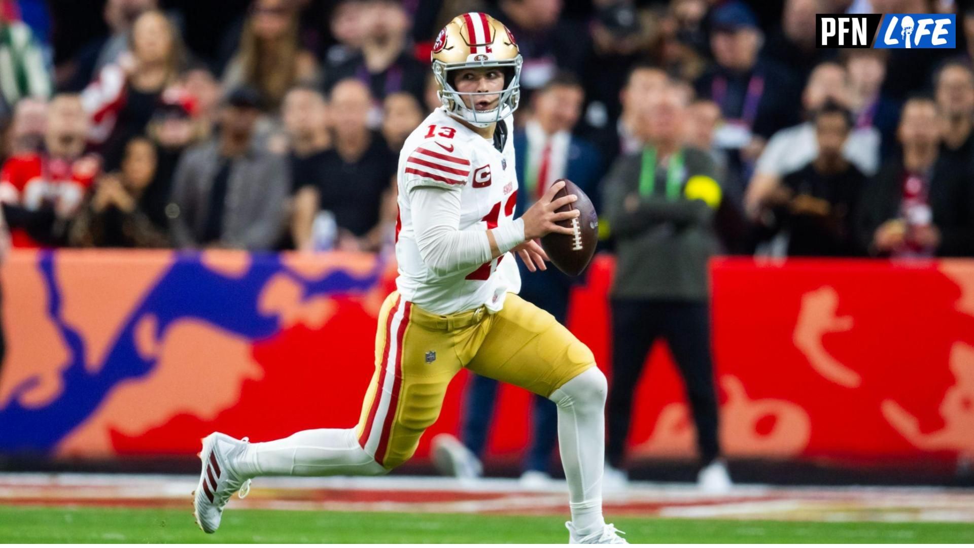 Feb 11, 2024; Paradise, Nevada, USA; San Francisco 49ers quarterback Brock Purdy (13) against the Kansas City Chiefs in Super Bowl LVIII at Allegiant Stadium. Mandatory Credit: Mark J. Rebilas-USA TODAY Sports