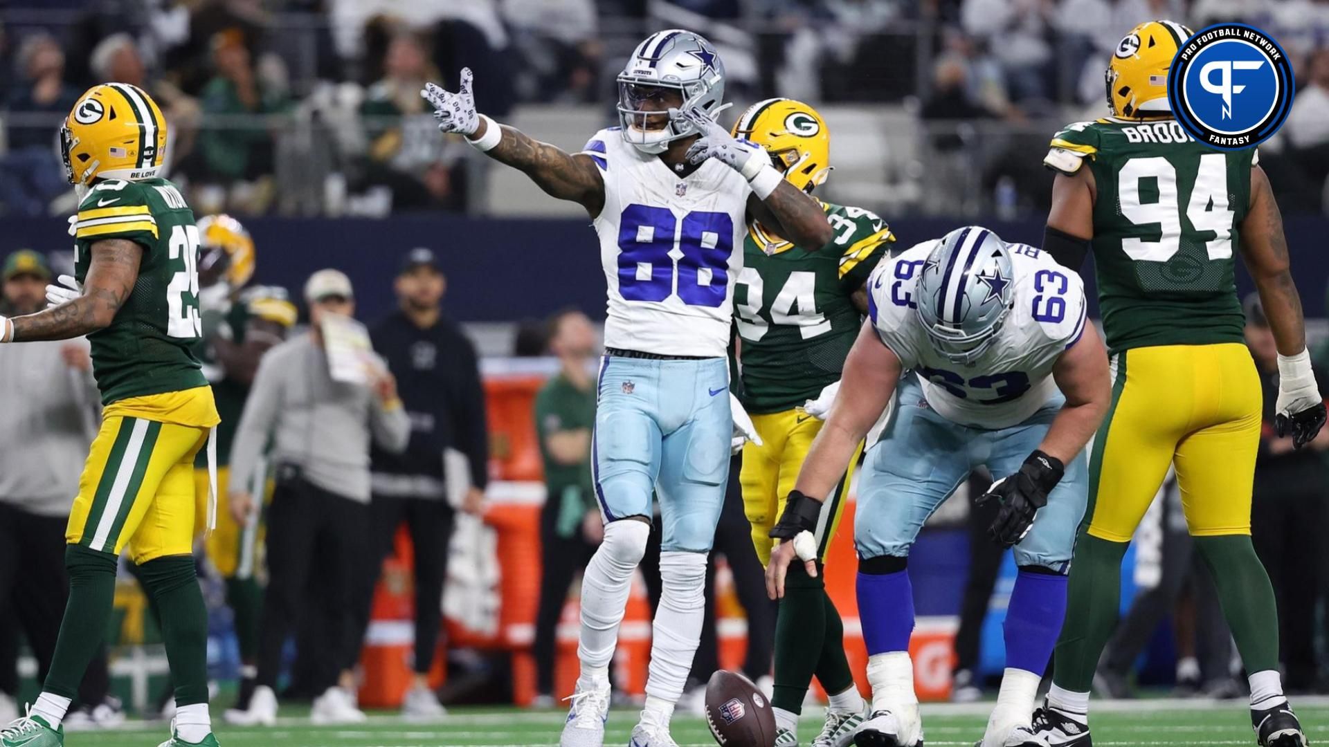 Dallas Cowboys wide receiver CeeDee Lamb (88) reacts after a play against the Green Bay Packers in the second half for the 2024 NFC wild card game at AT&T Stadium.