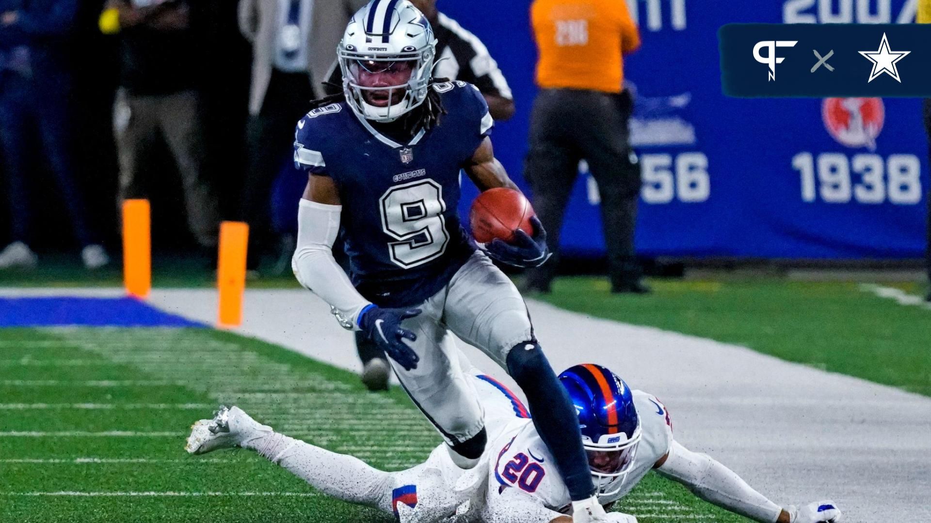 Sep 26, 2022; East Rutherford, NJ, USA; Dallas Cowboys wide receiver KaVontae Turpin (9) returns a punt past New York Giants safety Julian Love (20) during the second half at MetLife Stadium. Mandatory Credit: Robert Deutsch-USA TODAY Sports