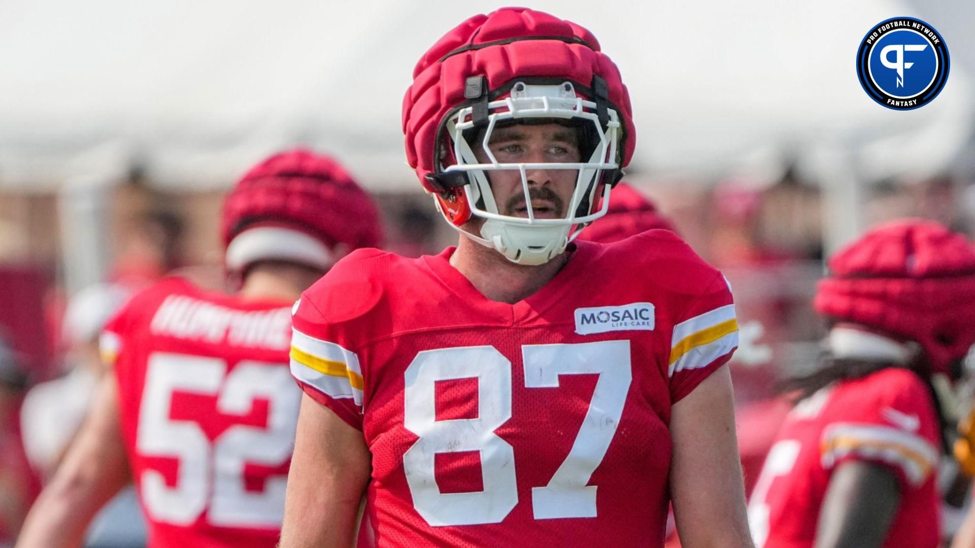 Kansas City Chiefs tight end Travis Kelce (87) looks on during training camp at Missouri Western State University.