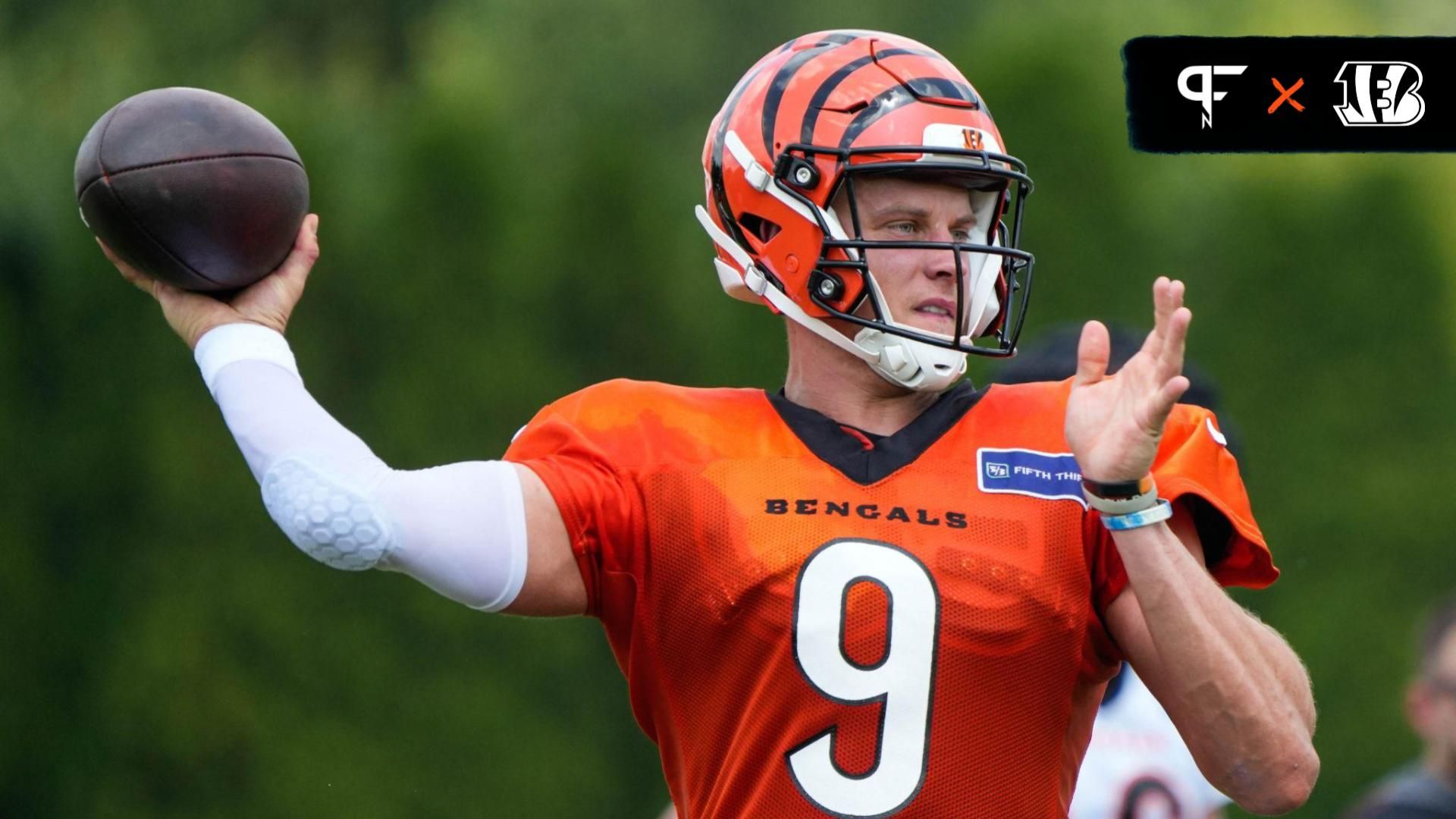 Bengals Joe Burrow winds up for a pass during their training camp on Thursday August 1, 2024.