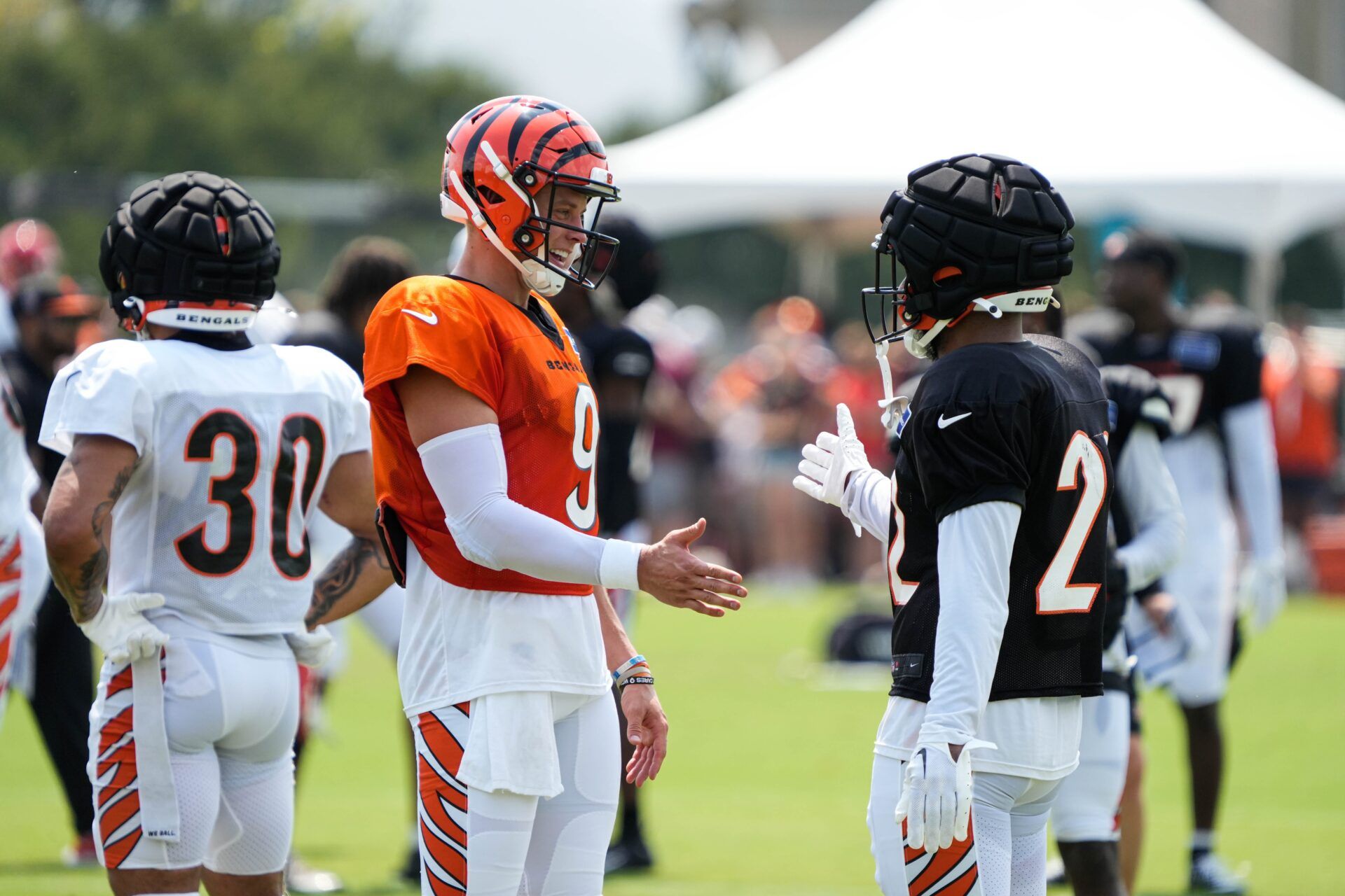 Bengals players and coaches run drills during their training camp on Tuesday July 30, 2024.