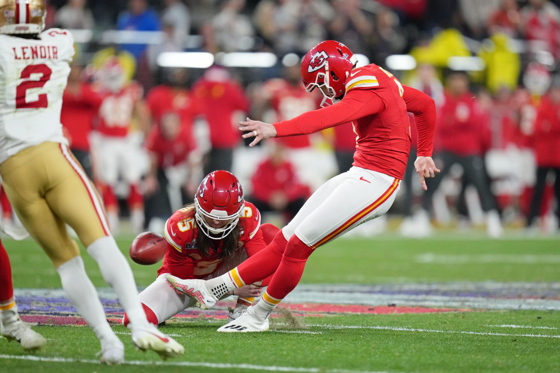 Feb 11, 2024; Paradise, Nevada, USA; Kansas City Chiefs place kicker Harrison Butker (7) kicks a field goal against the San Francisco 49ers during the fourth quarter of Super Bowl LVIII at Allegiant Stadium. Mandatory Credit: Kirby Lee-USA TODAY Sports