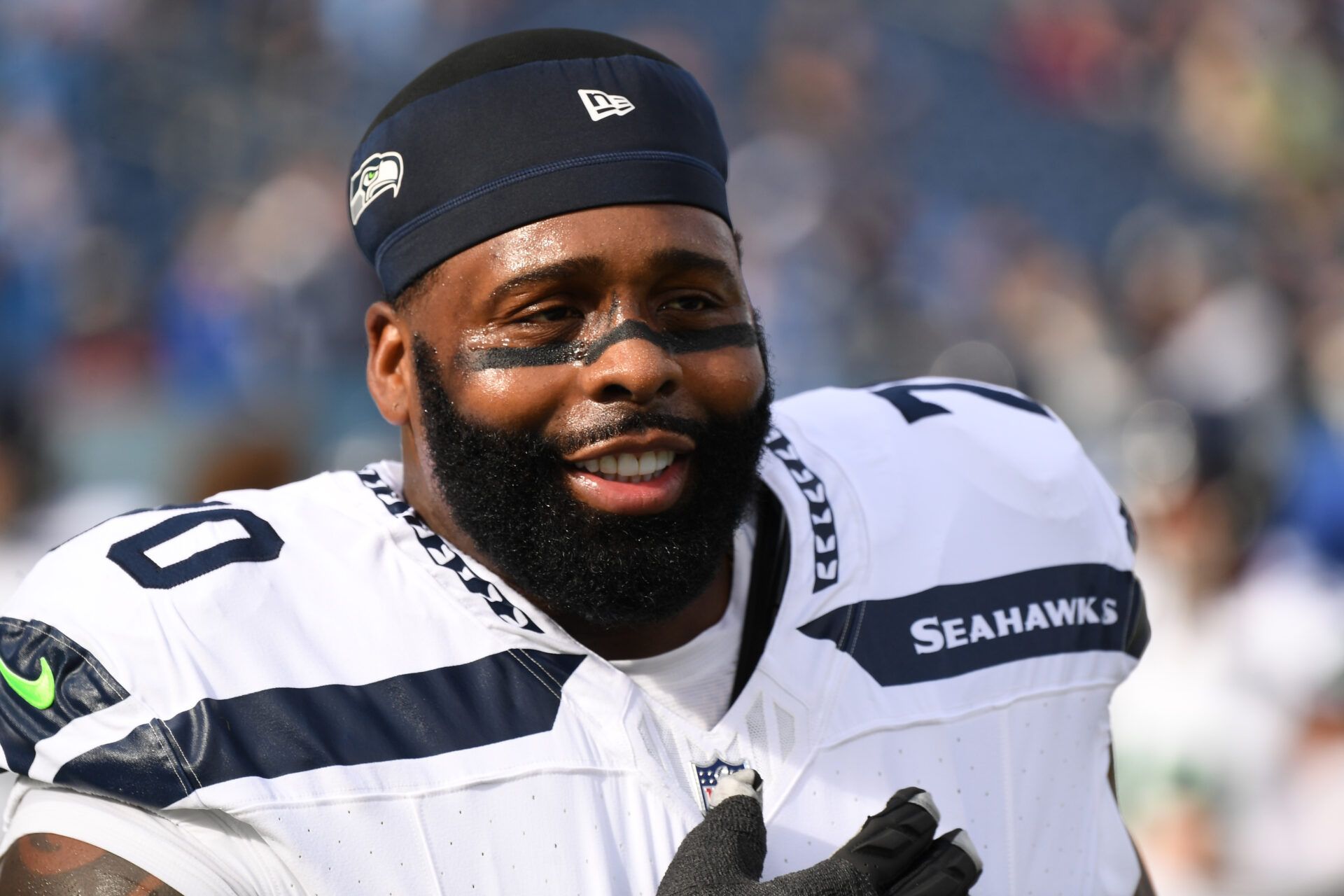 Dec 24, 2023; Nashville, Tennessee, USA; Seattle Seahawks offensive tackle Jason Peters (70) warms up before the game against the Tennessee Titans at Nissan Stadium. Mandatory Credit: Christopher Hanewinckel-USA TODAY Sports