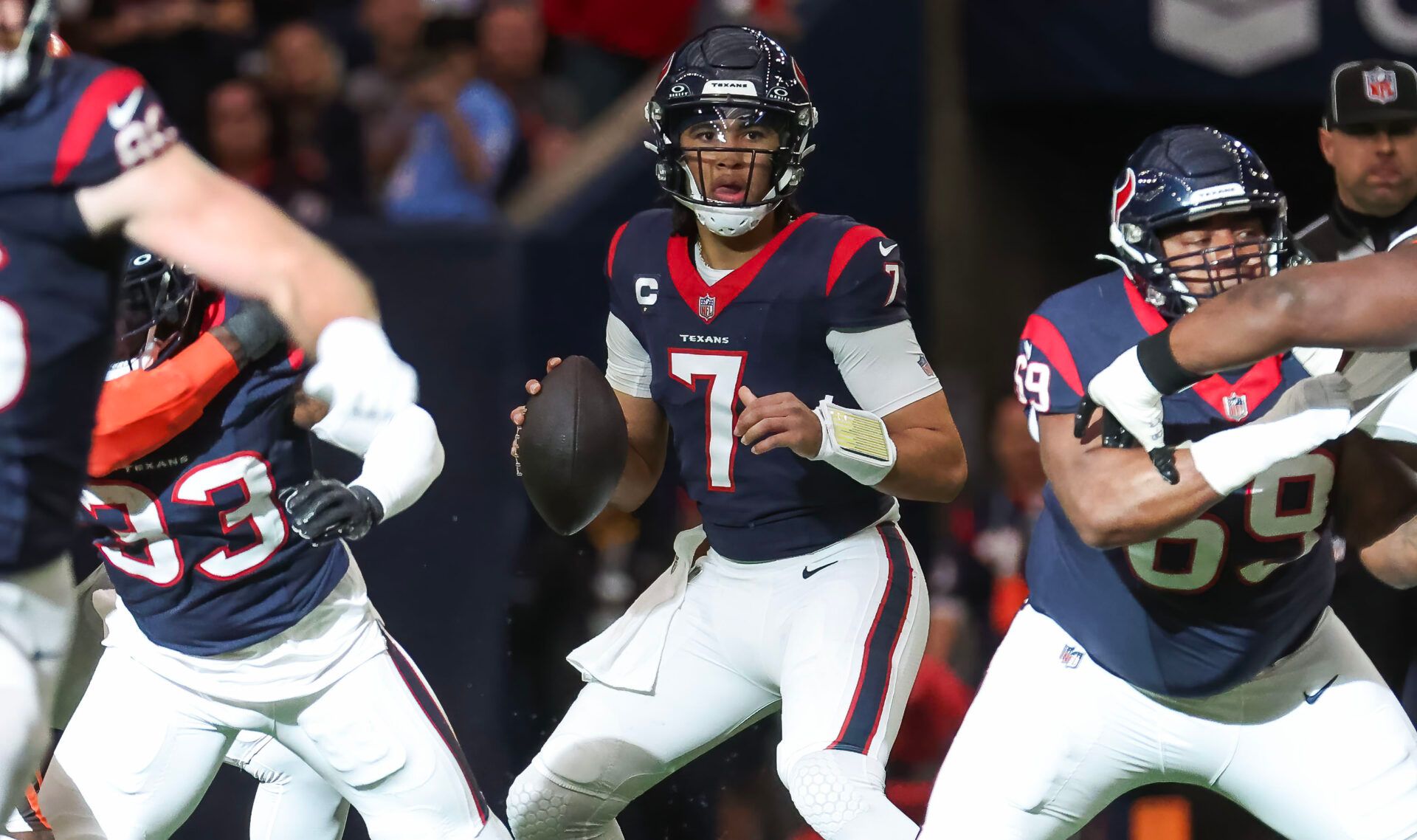 Jan 13, 2024; Houston, Texas, USA; Houston Texans quarterback C.J. Stroud (7) in a 2024 AFC wild card game against the Cleveland Browns at NRG Stadium. Mandatory Credit: Troy Taormina-USA TODAY Sports