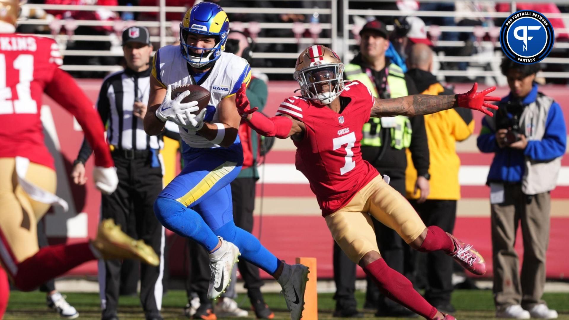 Los Angeles Rams wide receiver Puka Nacua (17) catches a touchdown pass against San Francisco 49ers cornerback Charvarius Ward (7) during the first quarter at Levi's Stadium. Where does he land in our dynasty fantasy football rankings?