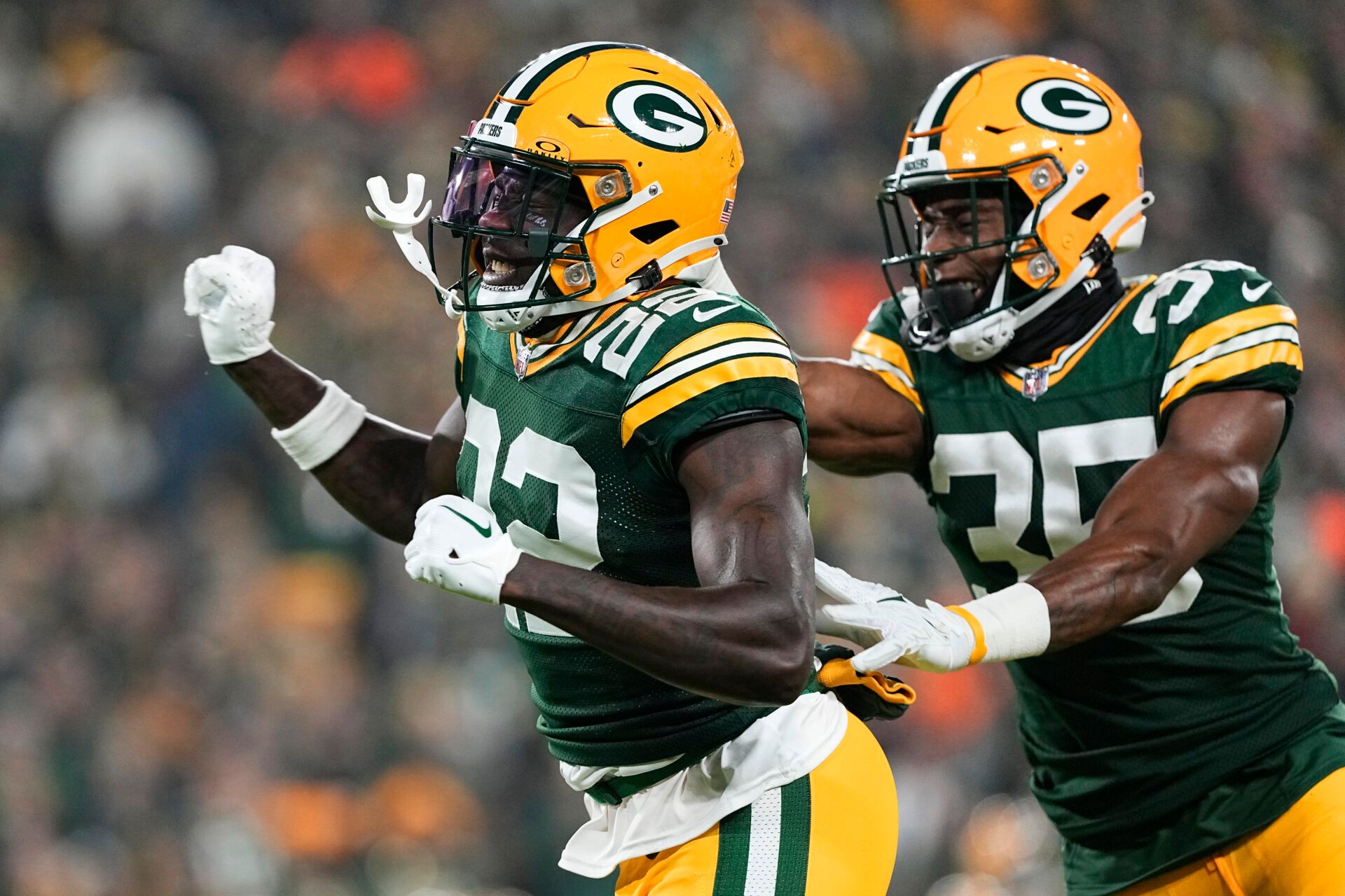 Green Bay Packers cornerback Robert Rochell (22) celebrates following a tackle during the third quarter against the Chicago Bears at Lambeau Field.