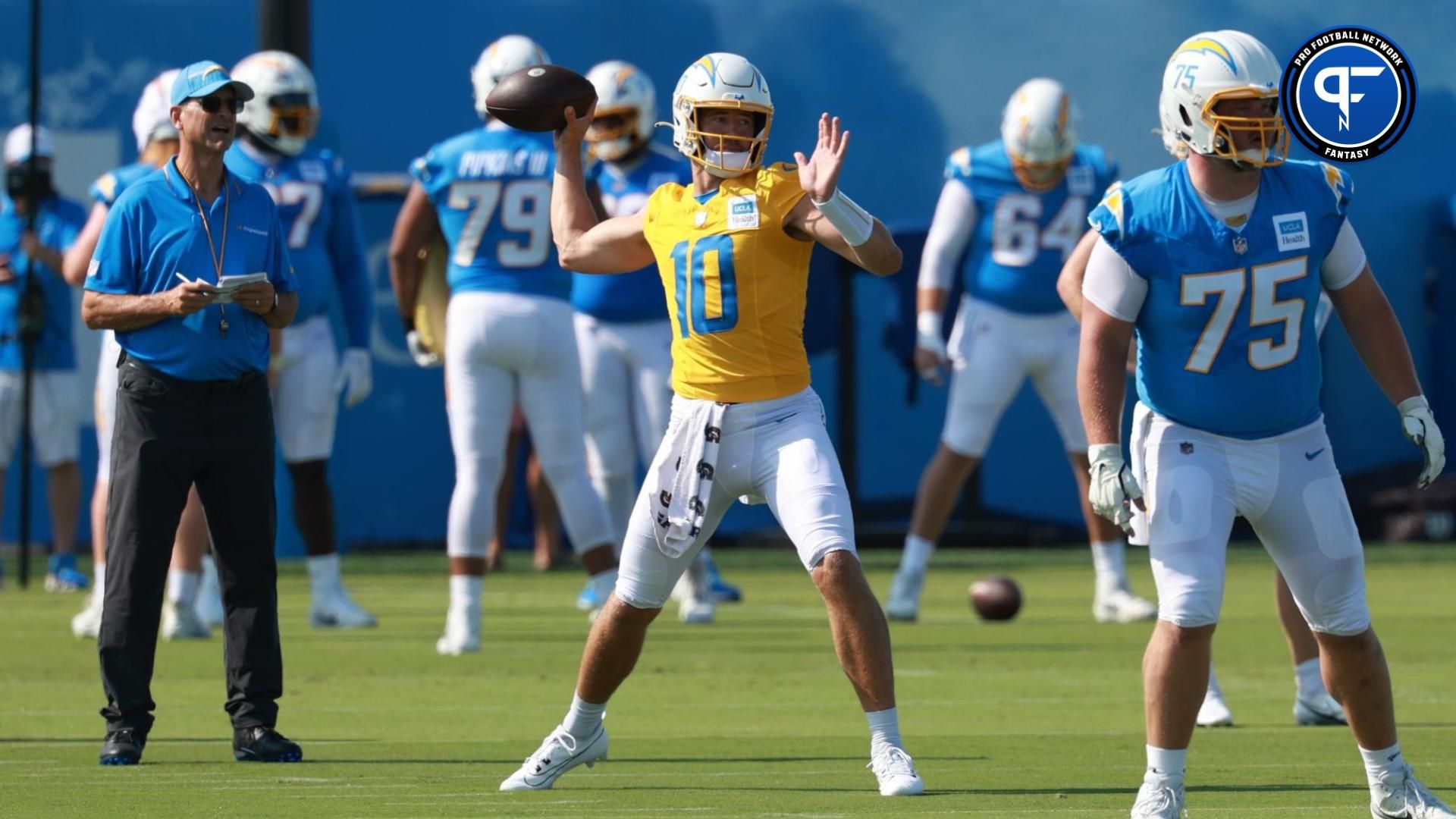 Los Angeles Chargers quarterback Justin Herbert (10) throws during the first day of training camp at The Bolt.