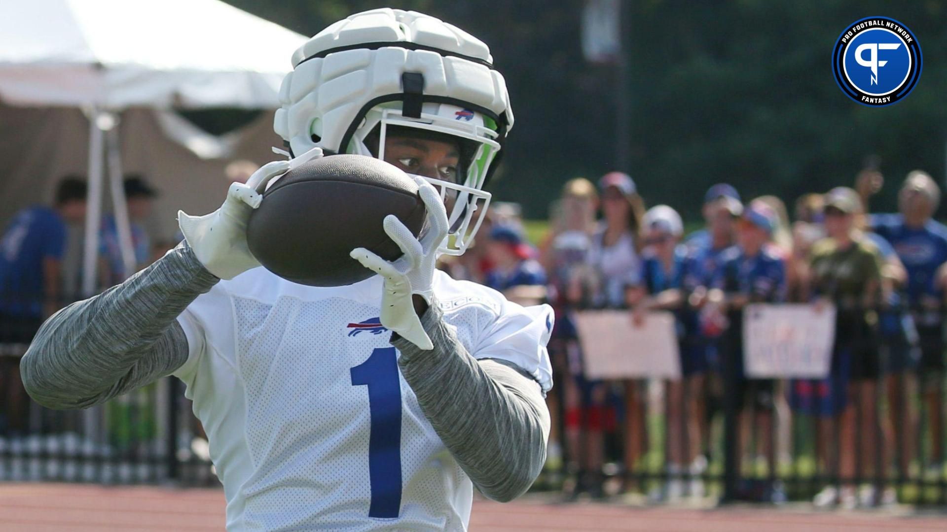 Bills wide receiver Curtis Samuel pulls in a deep ball at the back of the end zone during the opening day of Buffalo Bills training camp at St. John Fisher University Wednesday, July 24, 2024.