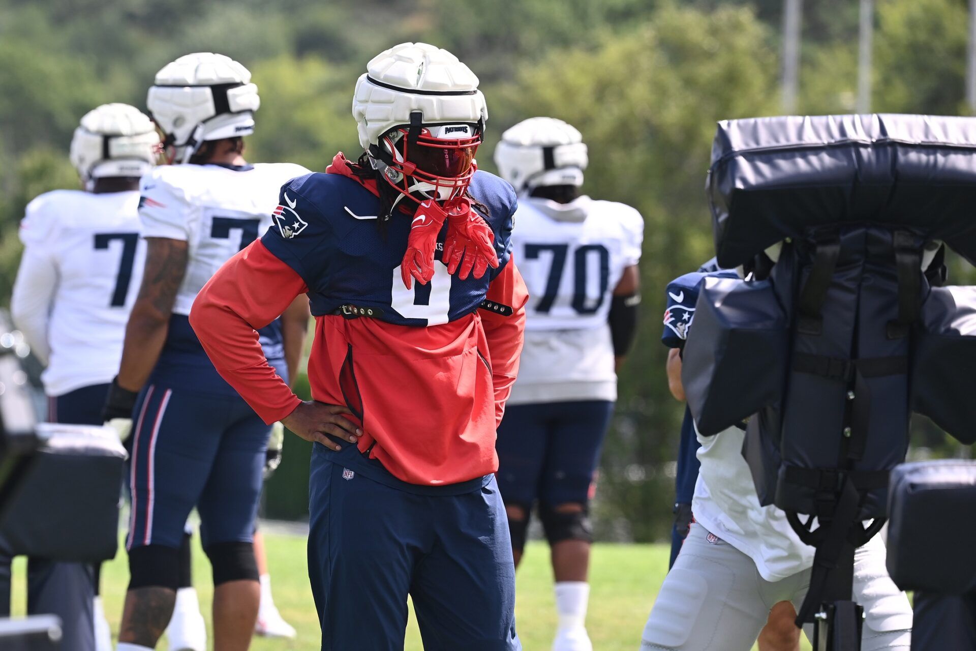 New England Patriots linebacker Matthew Judon (9) waits to do a drill during training camp at Gillette Stadium.