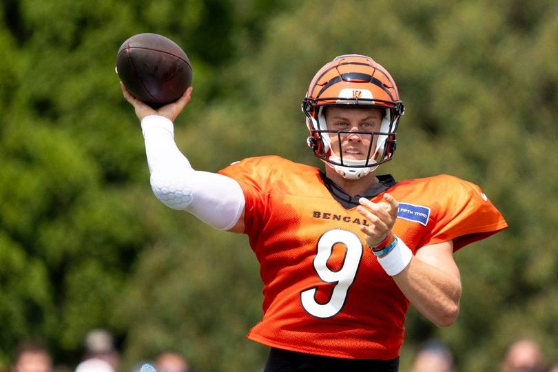 Cincinnati Bengals quarterback Joe Burrow (9) throws a pass at Cincinnati Bengals training camp on the Kettering Health Practice Fields in Cincinnati on Sunday, Aug. 4, 2024.